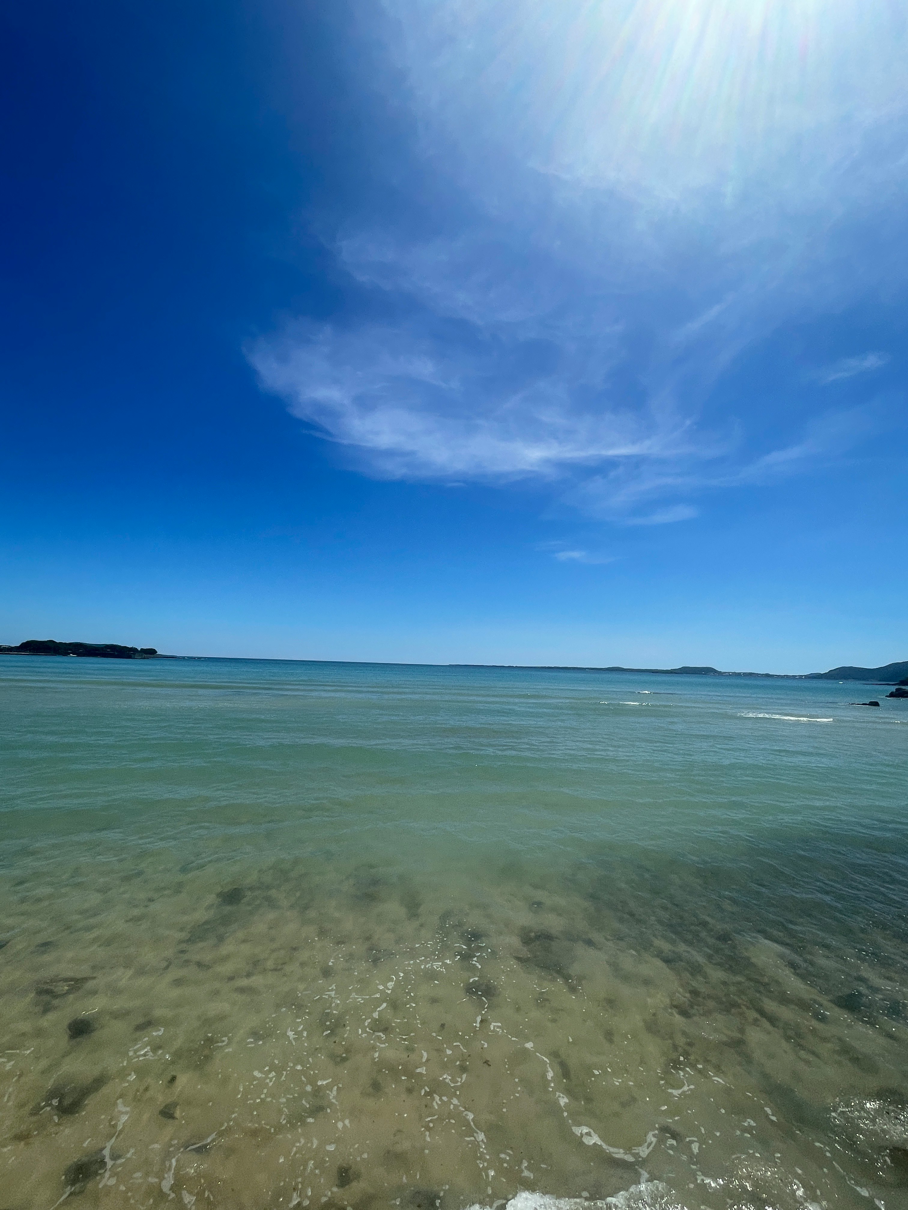 澄んだ海と遠くの水平線が広がる海岸の風景