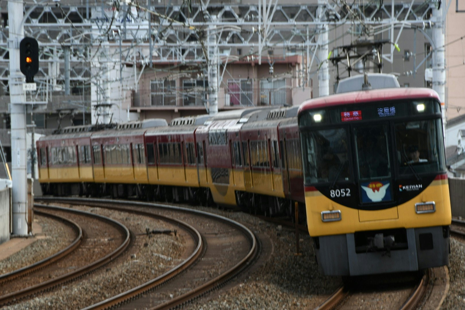 京阪特急8000系がカーブする高架線路の駅構内