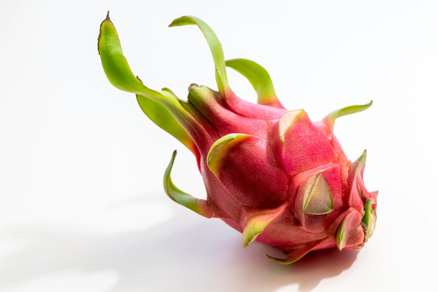 Un frutto del drago rosa vivace adagiato su una superficie bianca