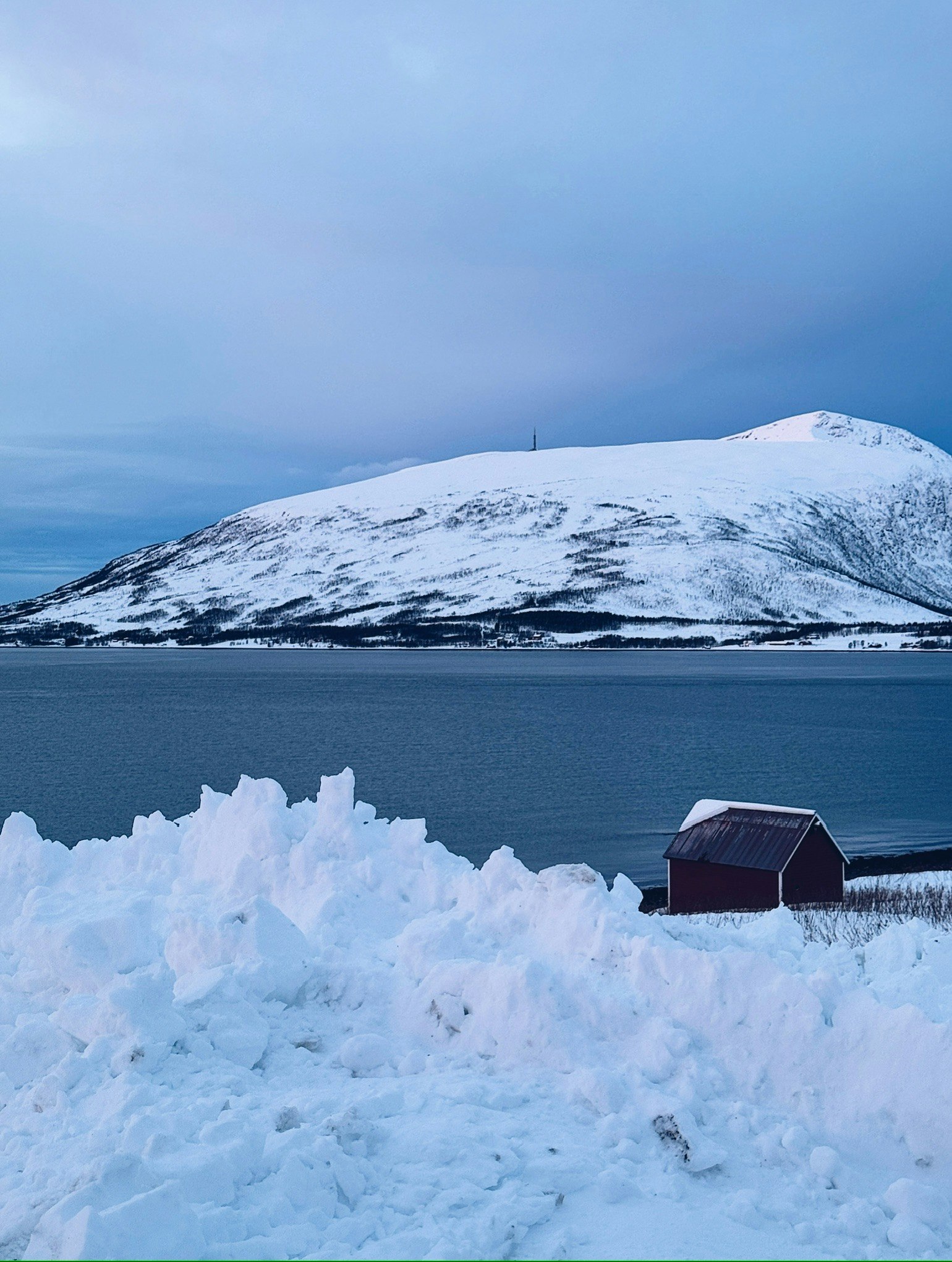 雪に覆われた湖畔の小屋と山の風景