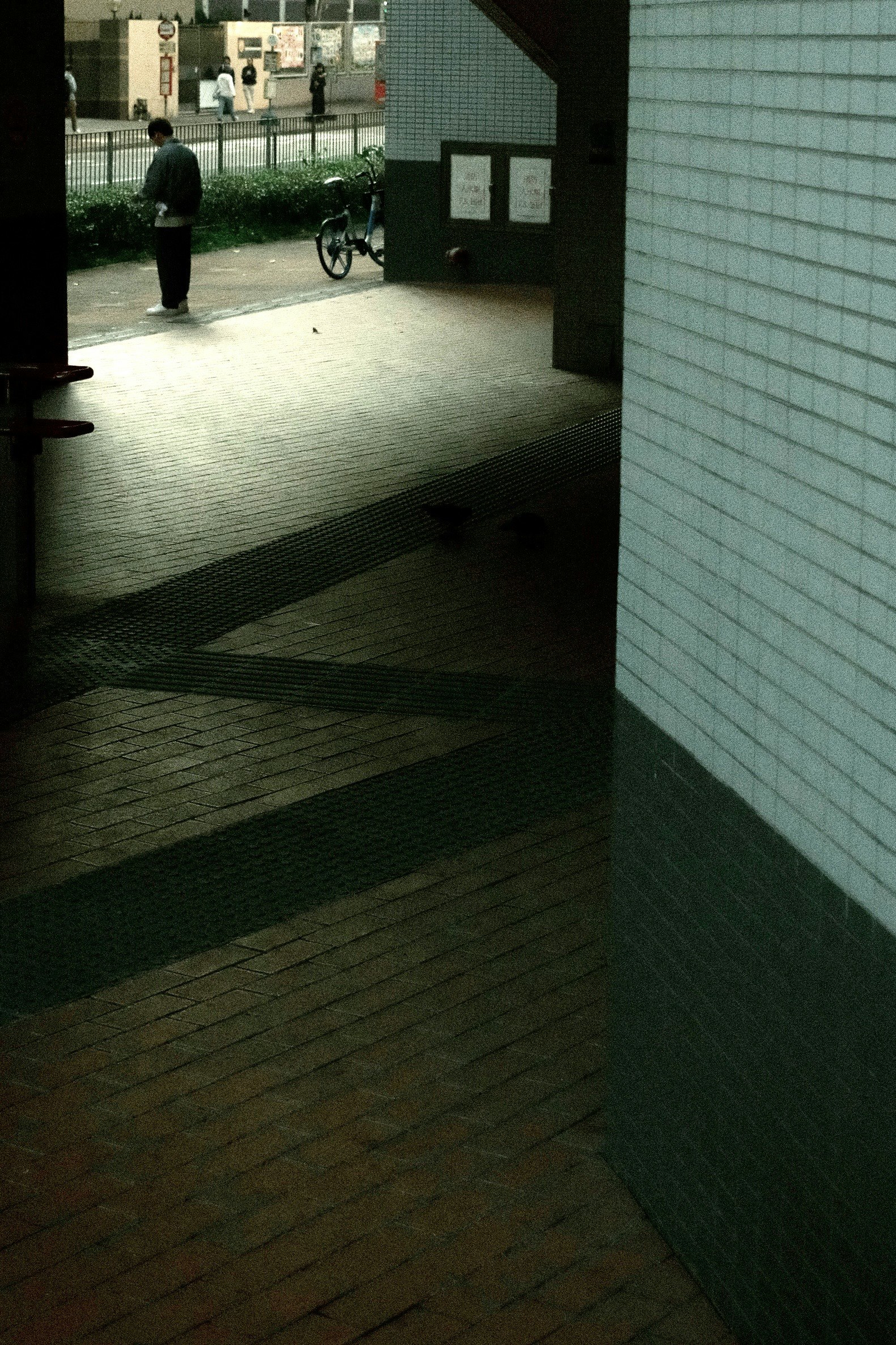 建物の壁沿いの路地で自転車が並ぶ通路