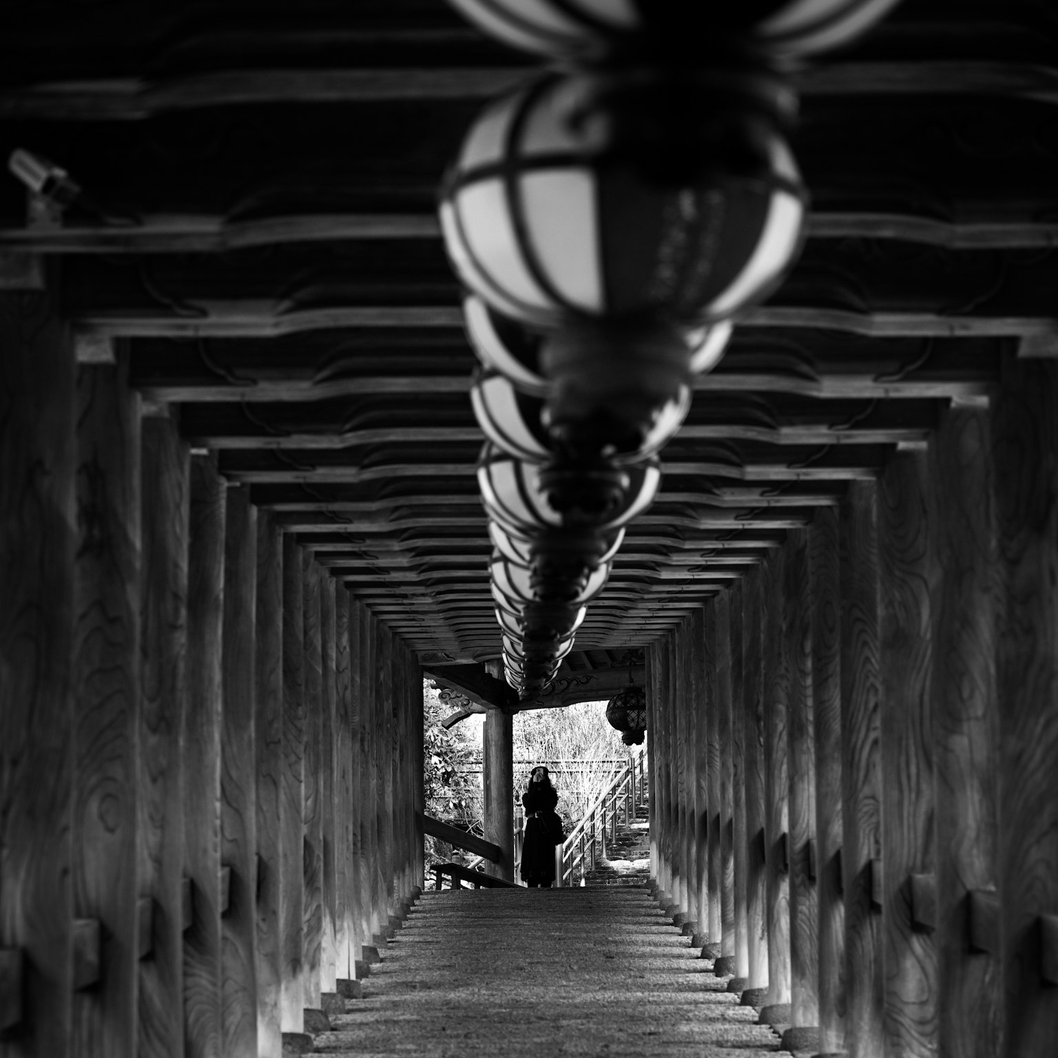 Un túnel en blanco y negro con faroles alineados y la silueta de una persona a lo lejos
