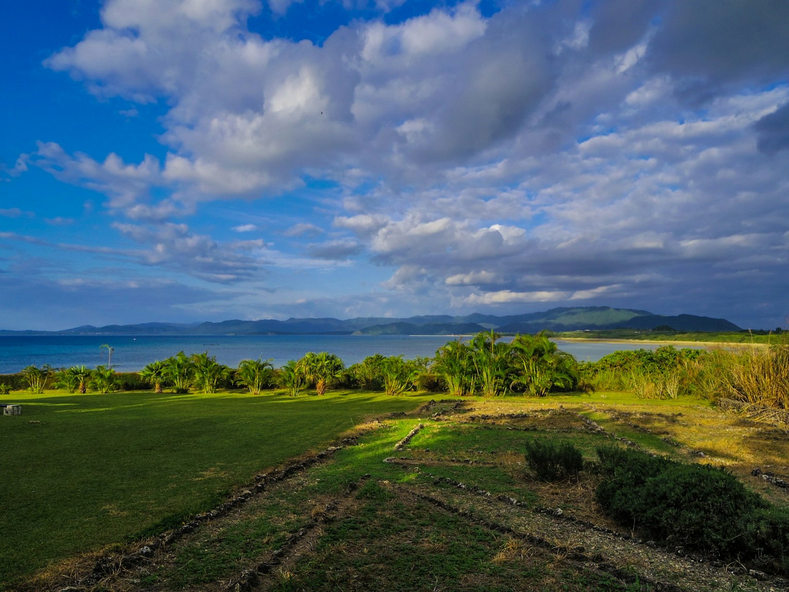 Scenic view of green grassland with ocean and blue sky