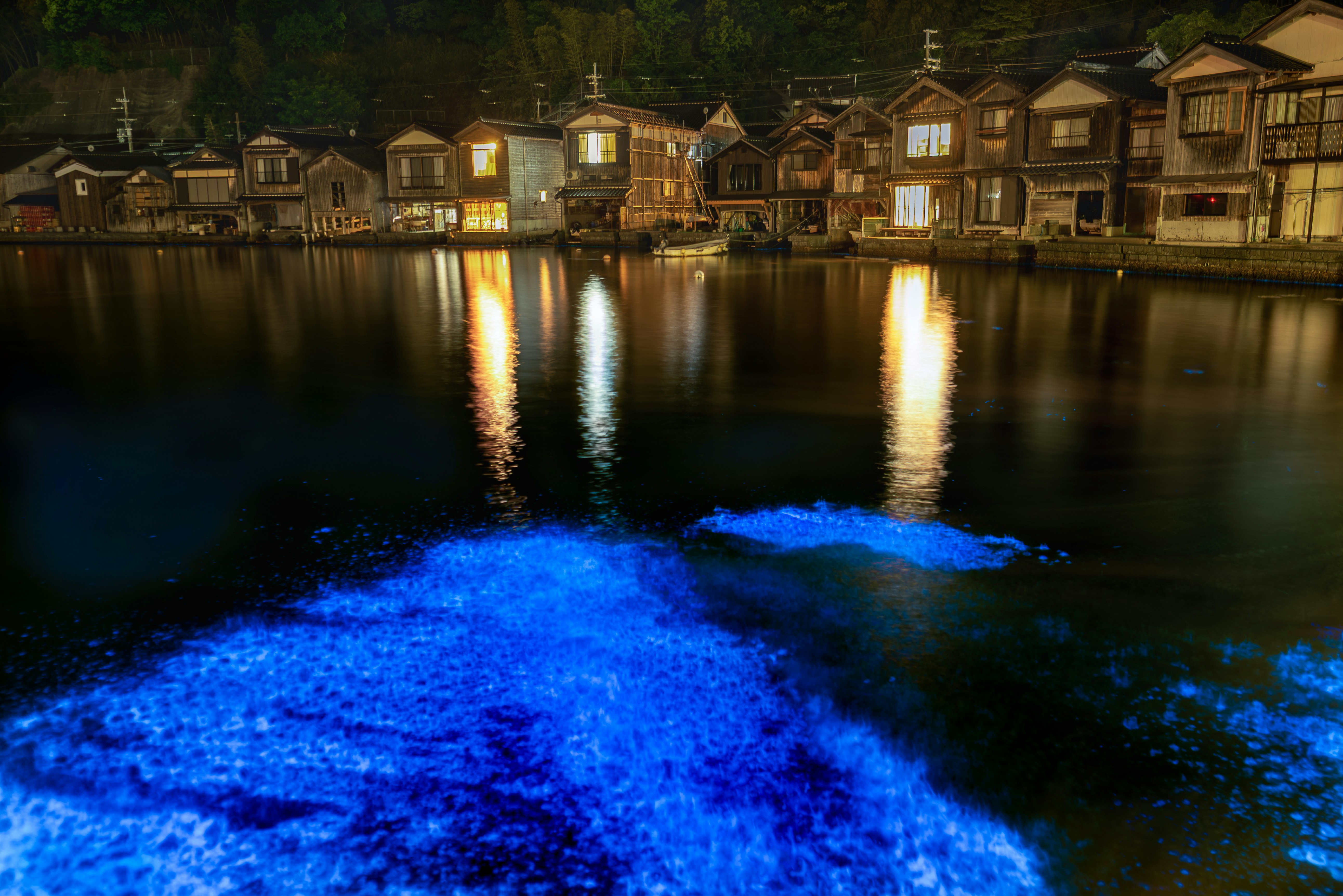 夜の水面に青い光が広がる風景と伝統的な家屋