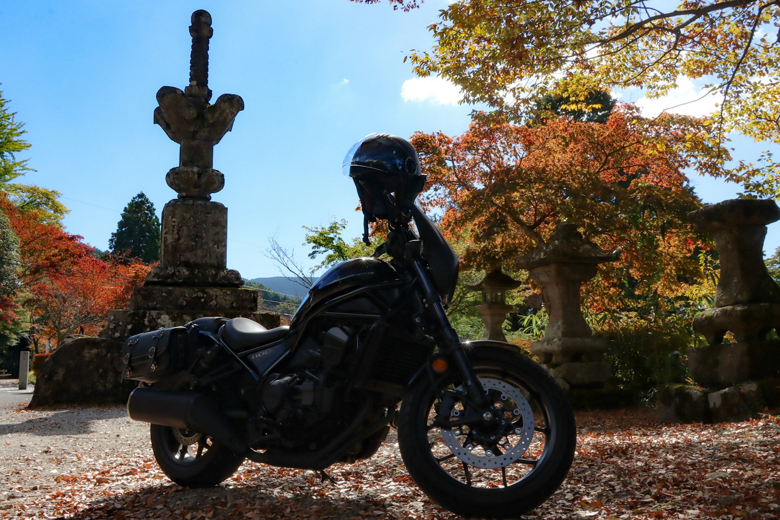 A black motorcycle standing amidst autumn foliage