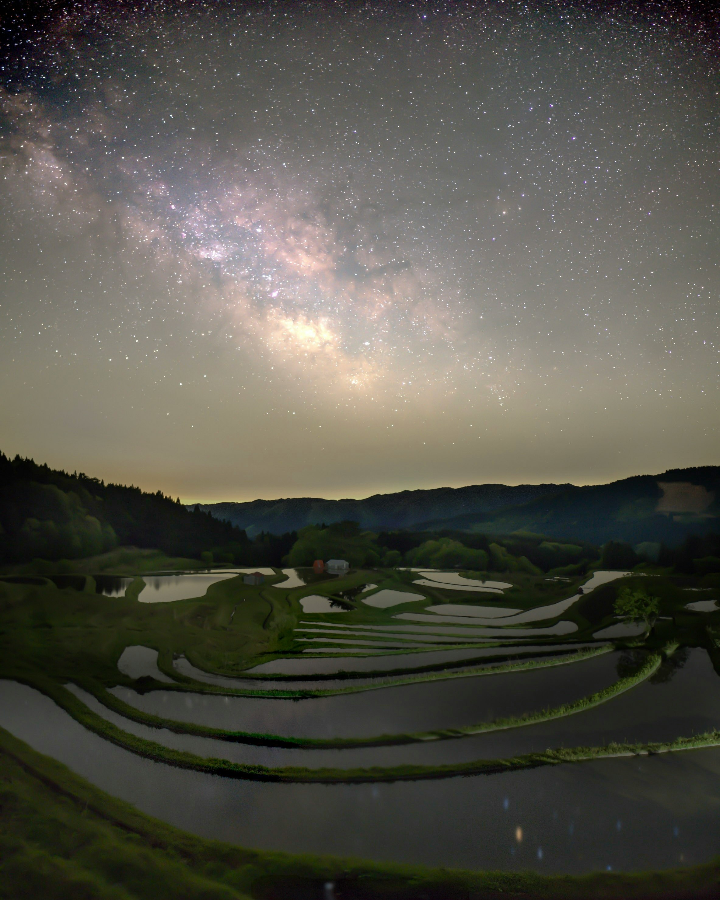 夜空に広がる天の川と棚田の風景