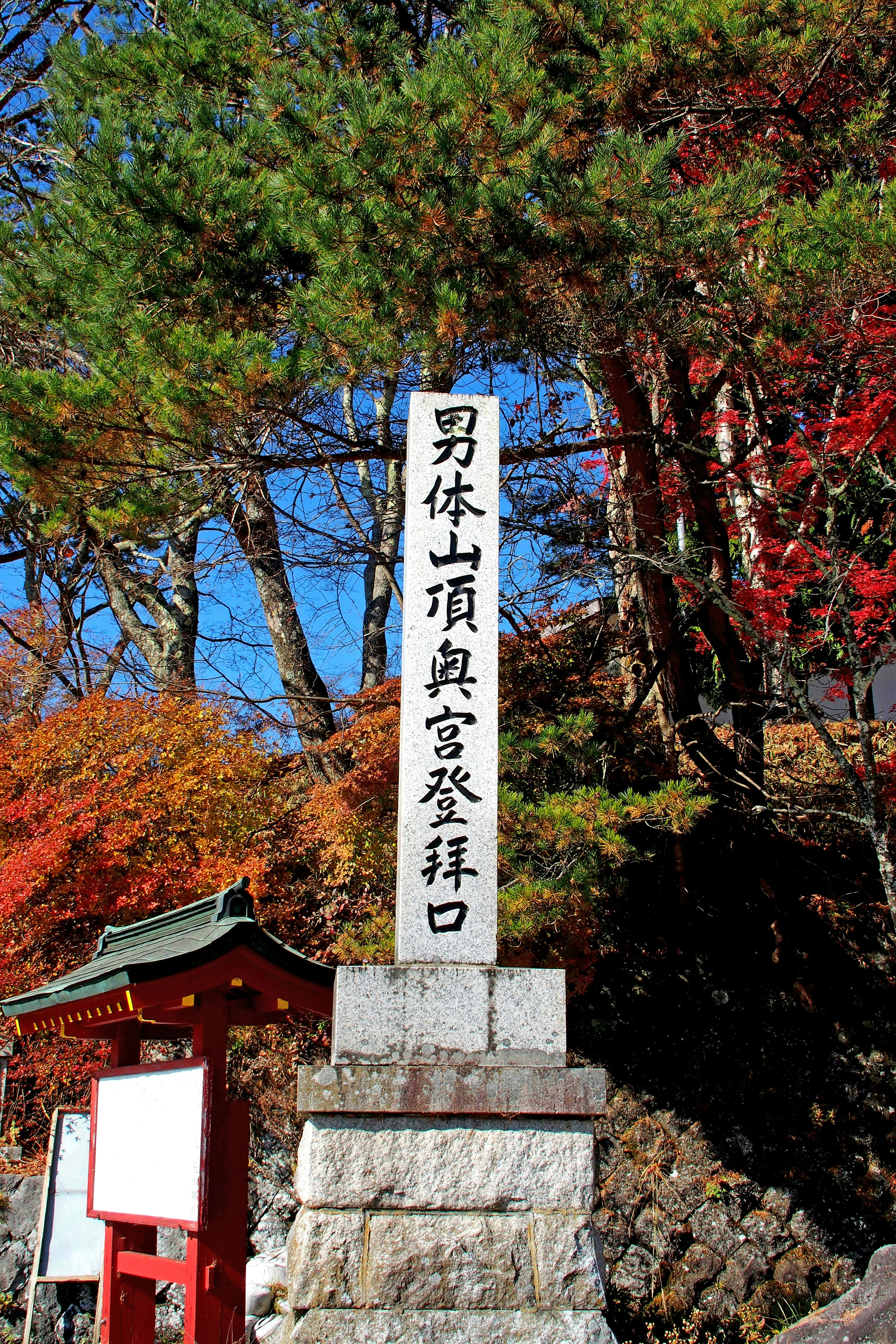 紅葉と青空の下に立つ石碑と鳥居のある参道