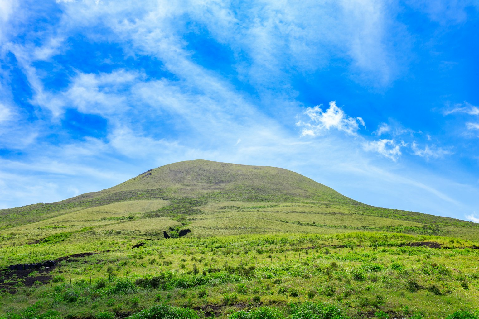Un paesaggio montano sereno circondato da erba verde e cielo blu