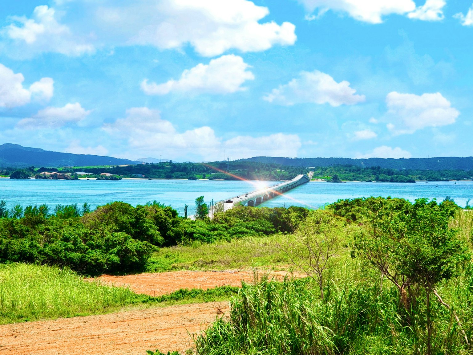 Lush landscape with blue ocean and sky