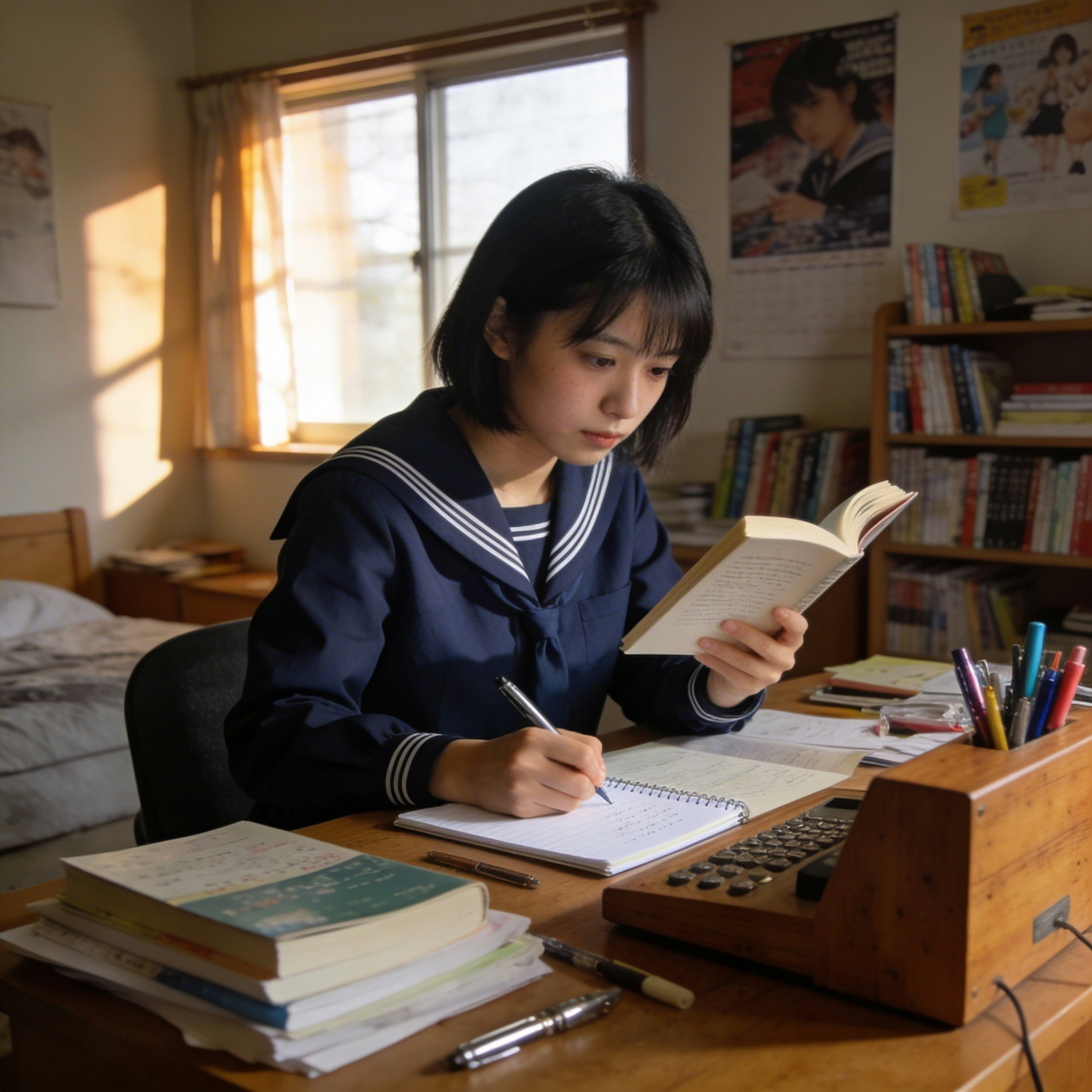 自室で勉強する学生の机上風景