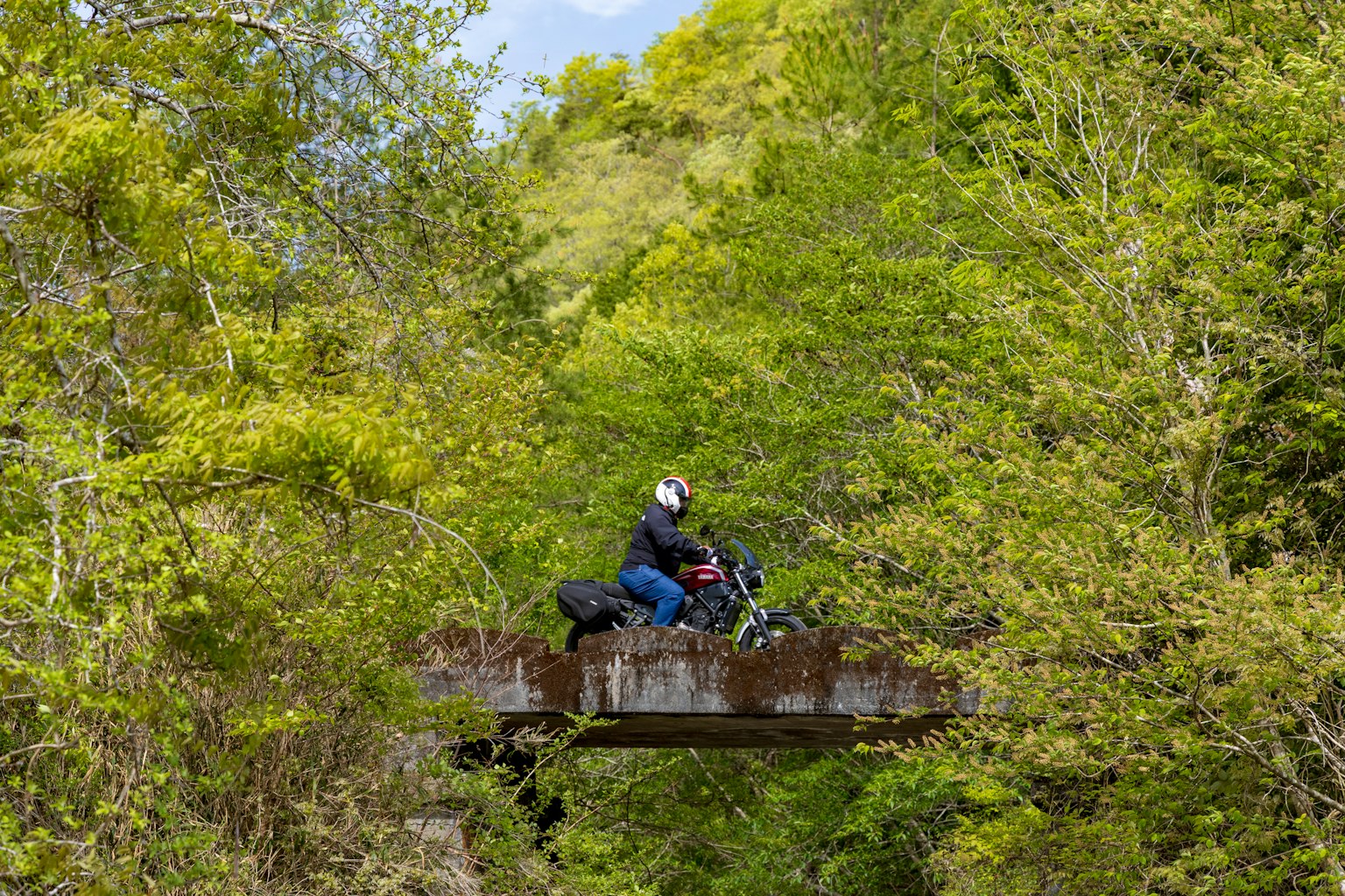 Ein Fahrer auf einem Motorrad, der eine alte Brücke umgeben von üppigem Grün überquert