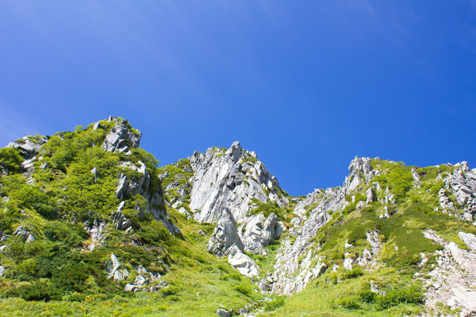 Vista escénica de colinas rocosas bajo un cielo azul claro con vegetación exuberante