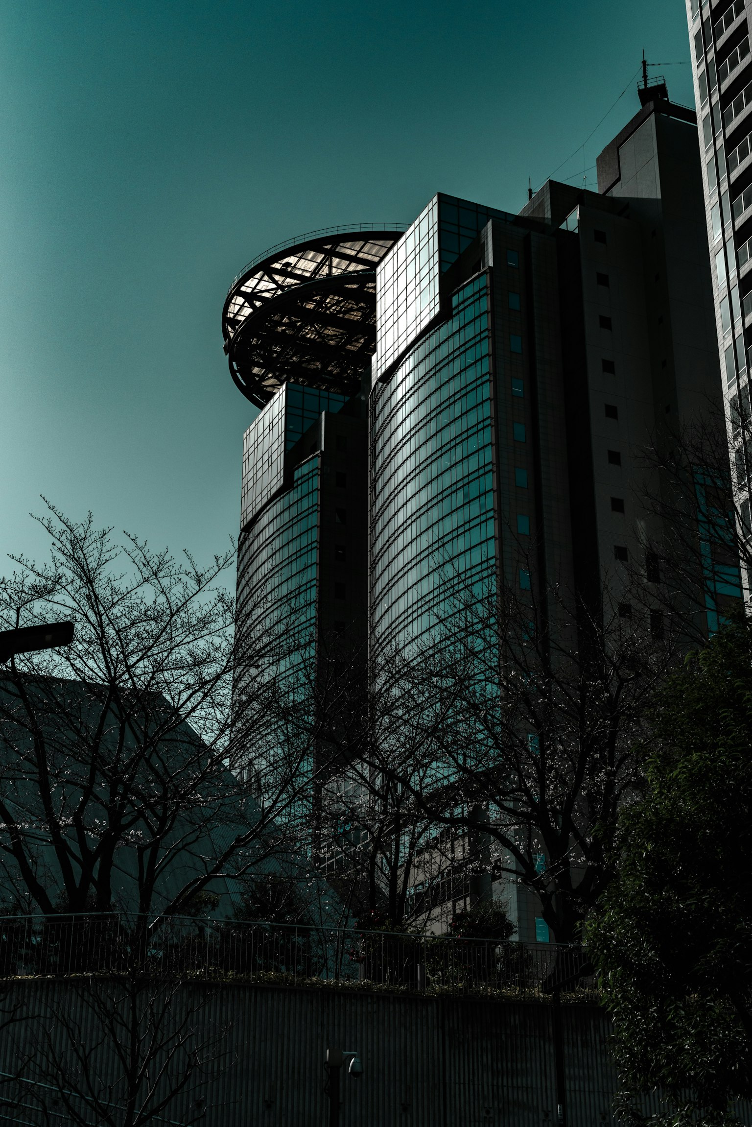 ภาพใกล้ของตึกระฟ้า, การสะท้อนของกระจก, ต้นไม้รอบข้าง, ท้องฟ้าสีฟ้า, การออกแบบสมัยใหม่