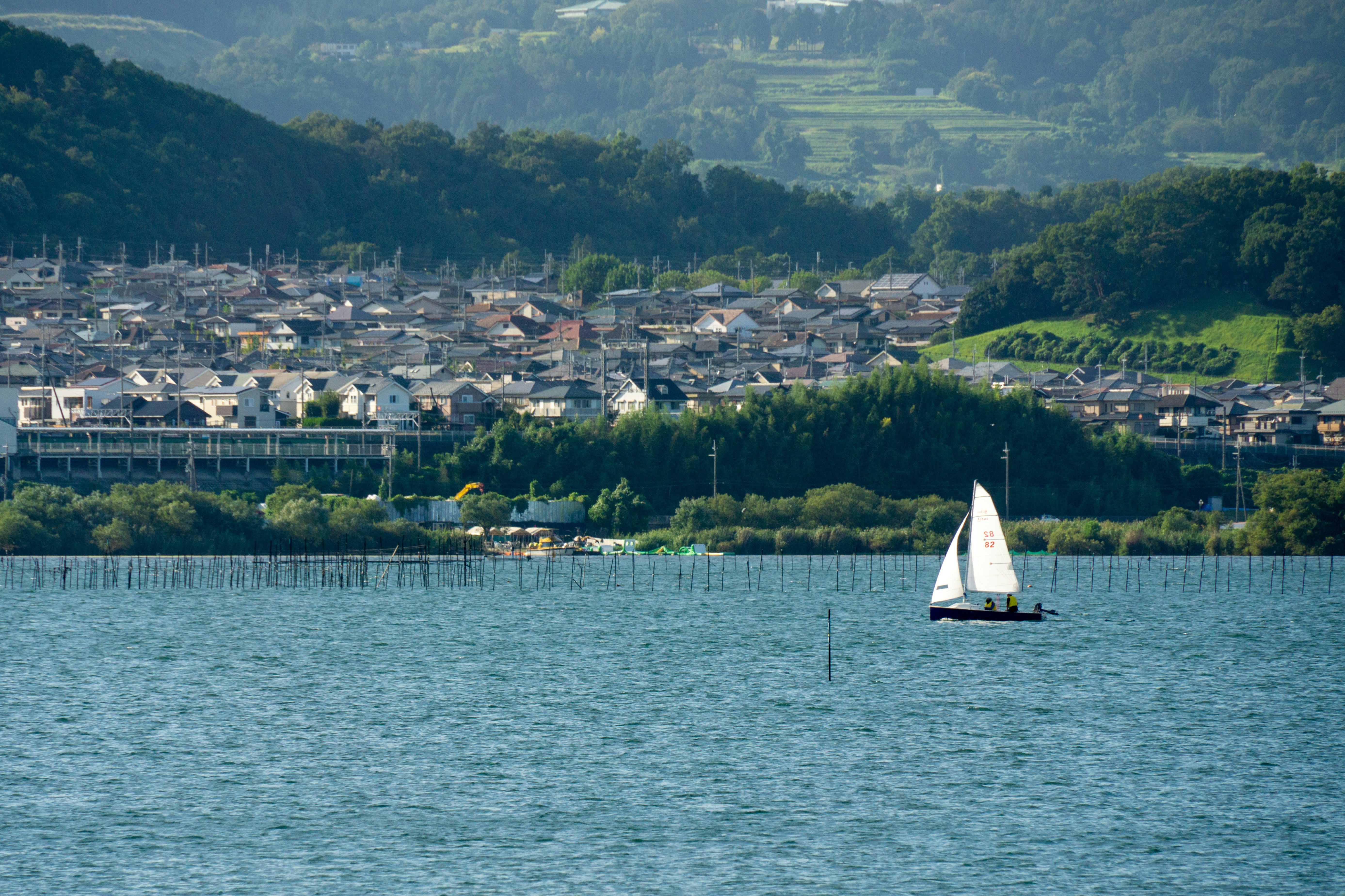 美しい湖と小さな帆船の景色、遠くに町が見える