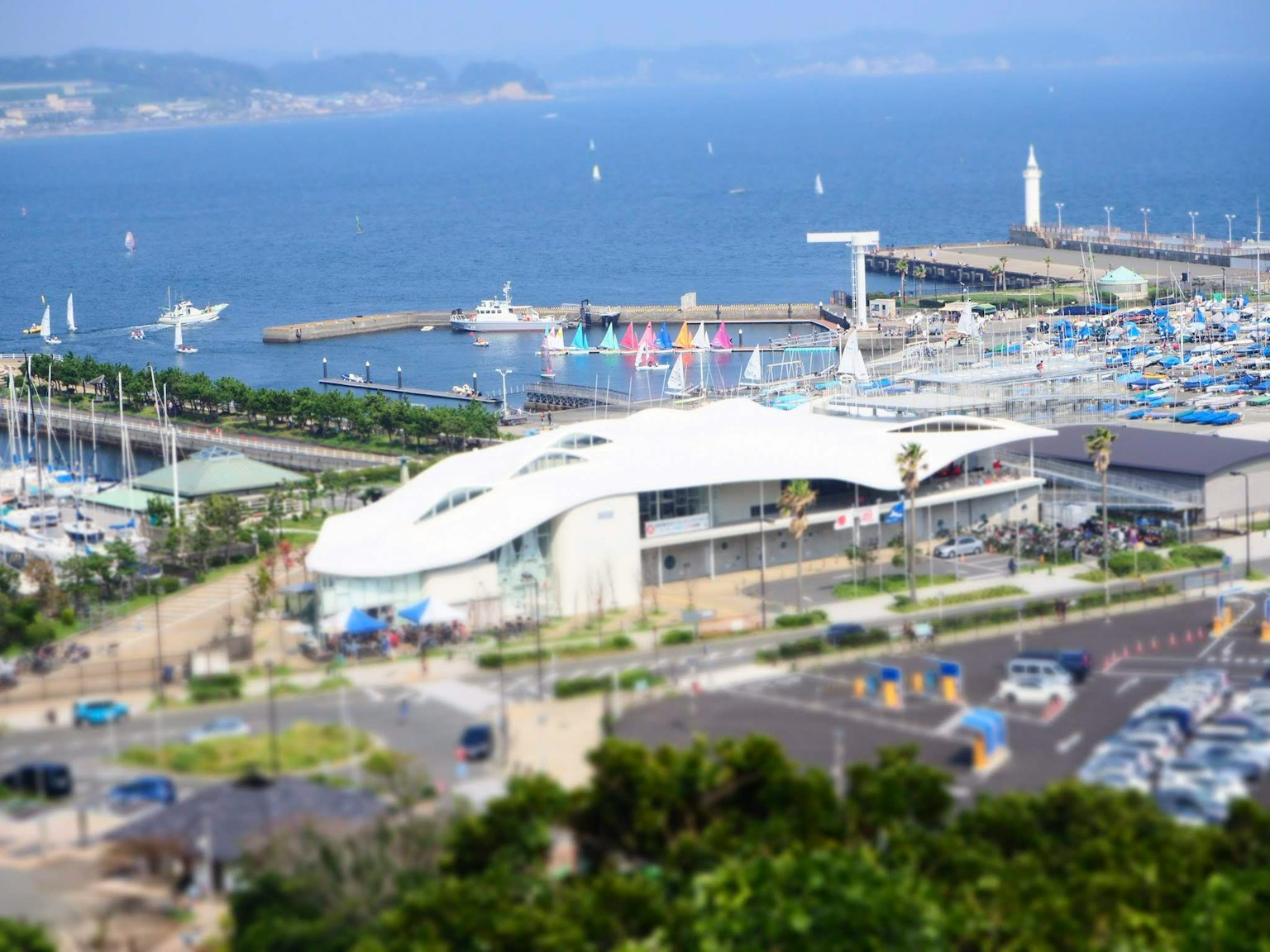 White wave-shaped building near the harbor with yachts