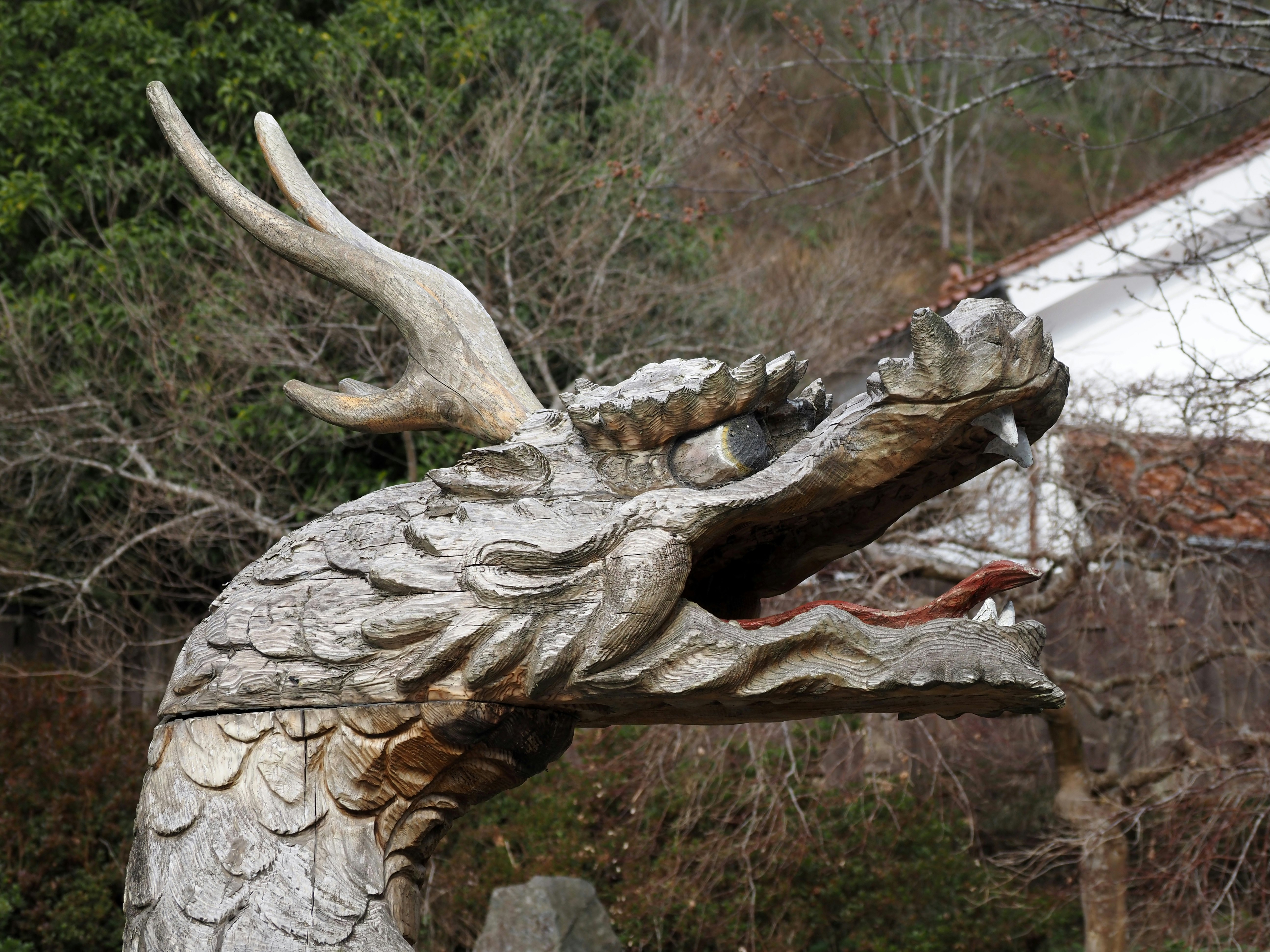 木製のドラゴンの彫刻の頭部で細かい鱗と角が特徴的