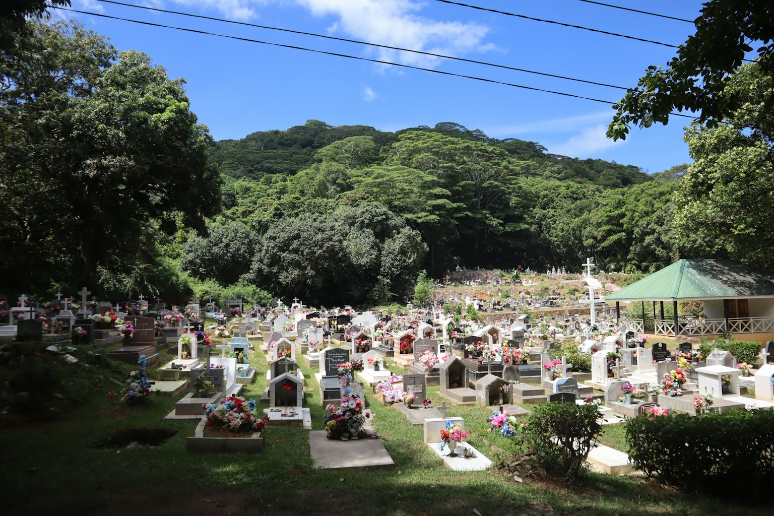Ein ruhiger Friedhof umgeben von grünen Hügeln mit Grabsteinen und Blumen