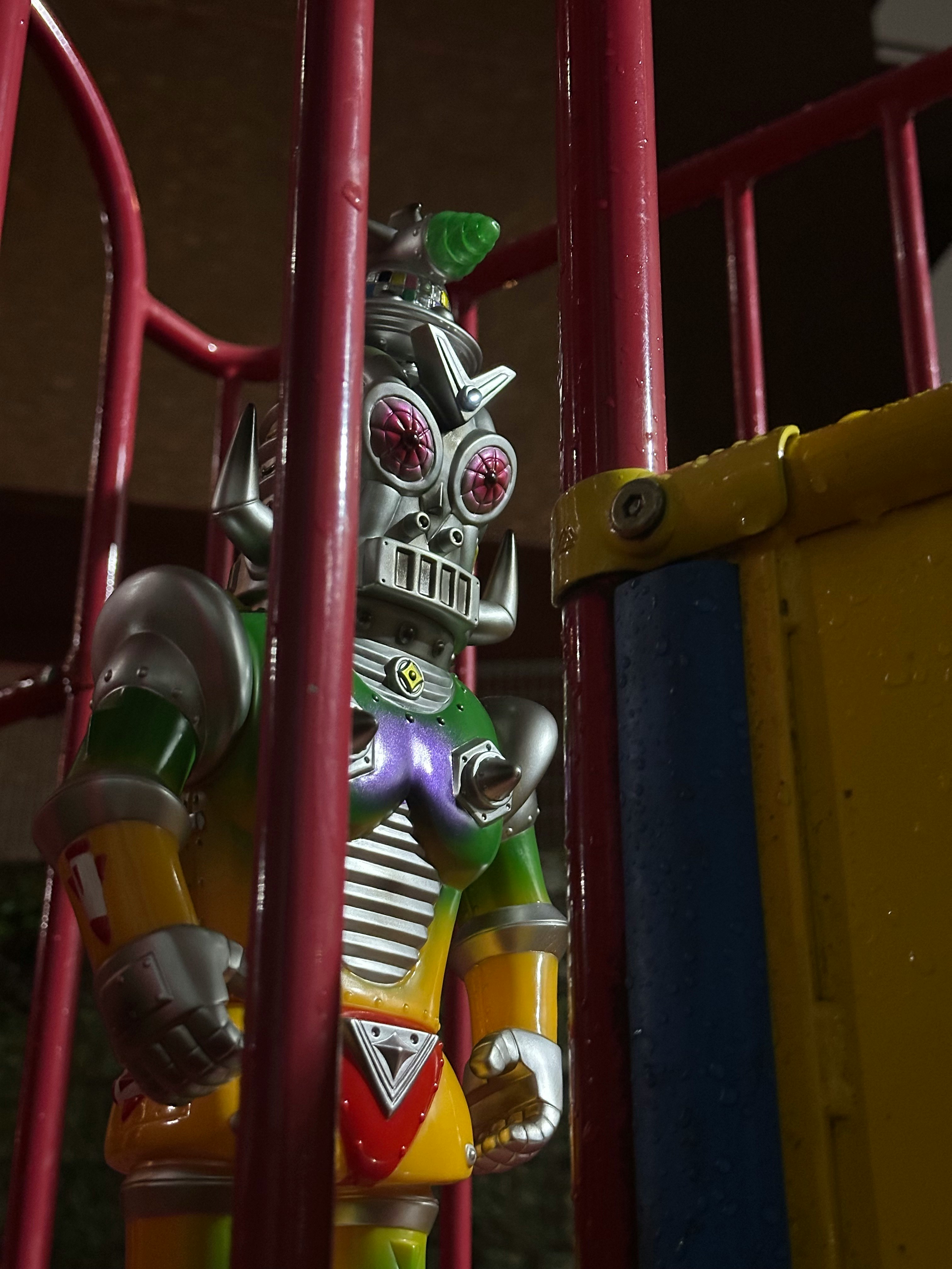 Indoor shelf with “Steel Warrior” robot figurines
