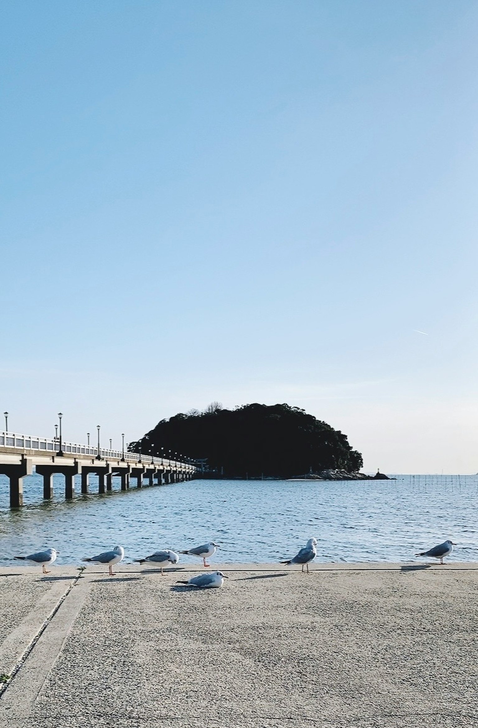 ทิวทัศน์ริมทะเลที่เงียบสงบมีเกาะเล็ก ๆ และท่าเทียบเรือใต้ท้องฟ้าสีฟ้าใส