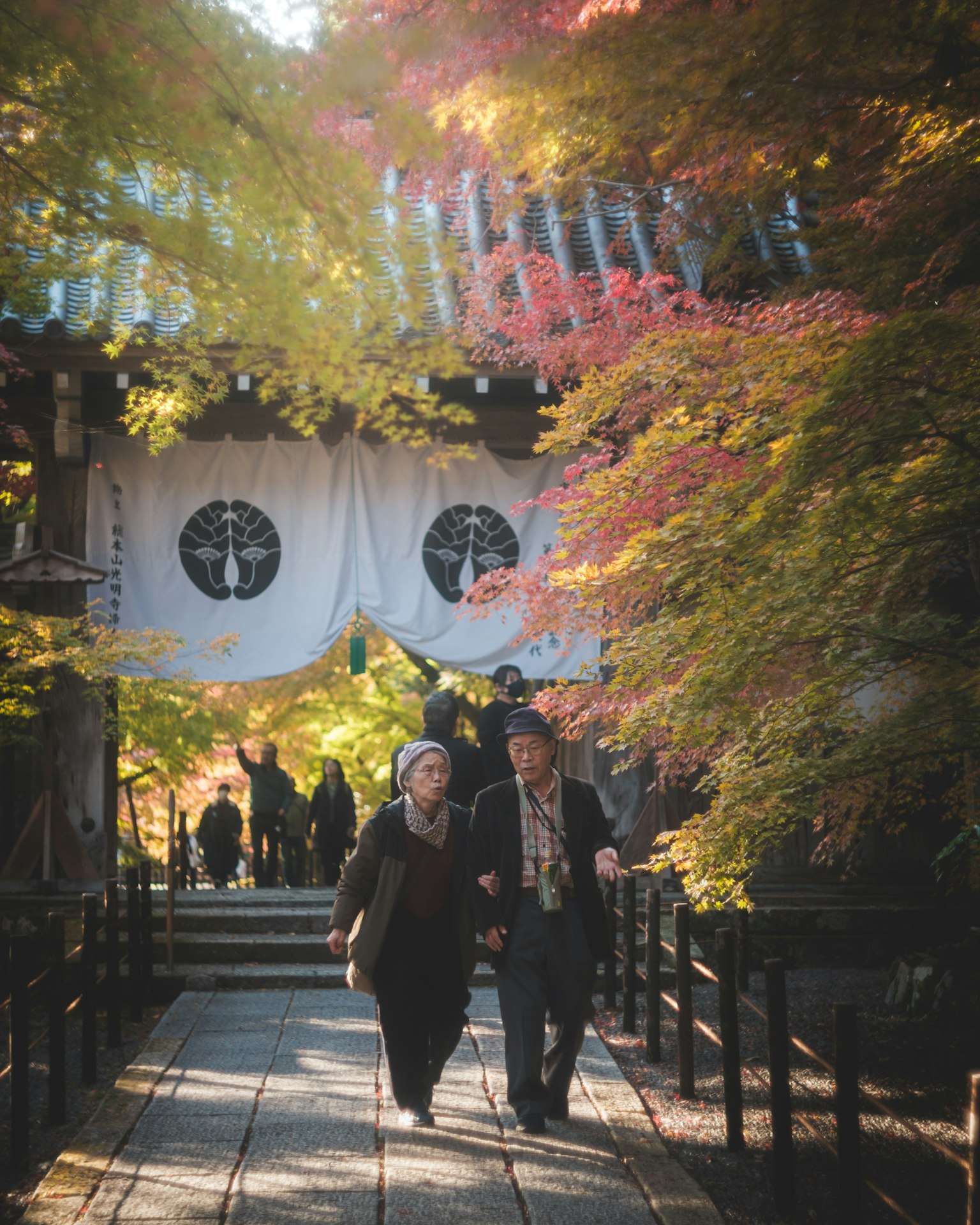 一對情侶在色彩斑斕的秋葉中走過，背景是一個神社的門
