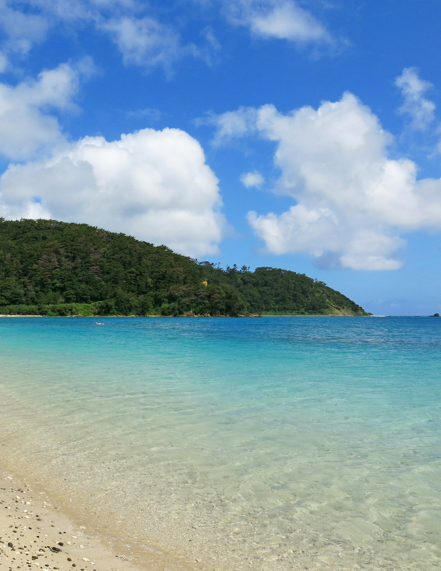 Pantai indah dengan air turquoise jernih dan bukit hijau