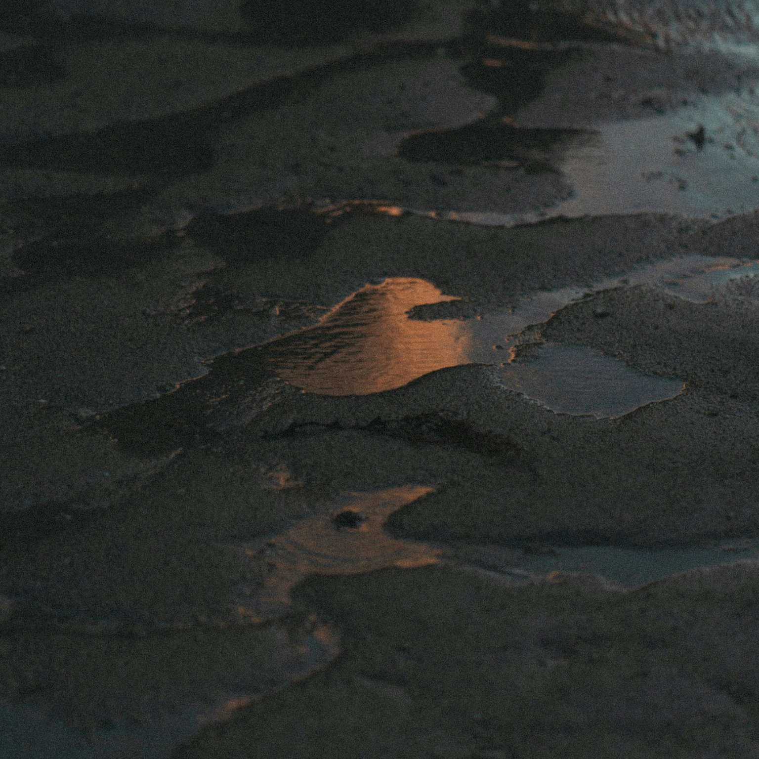 Reflection of sunset light in a puddle