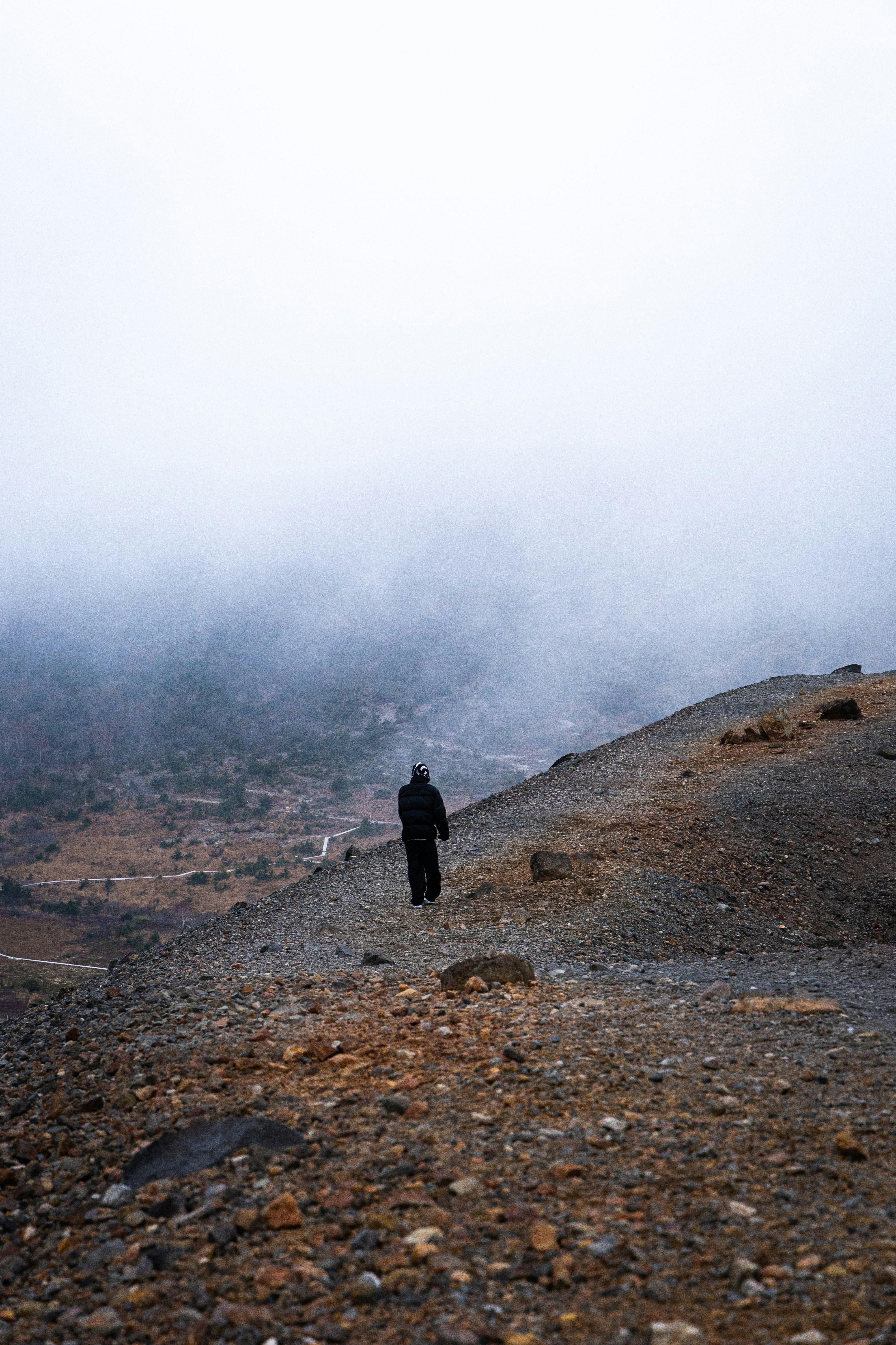 a person walking on a foggy rocky mountain trail