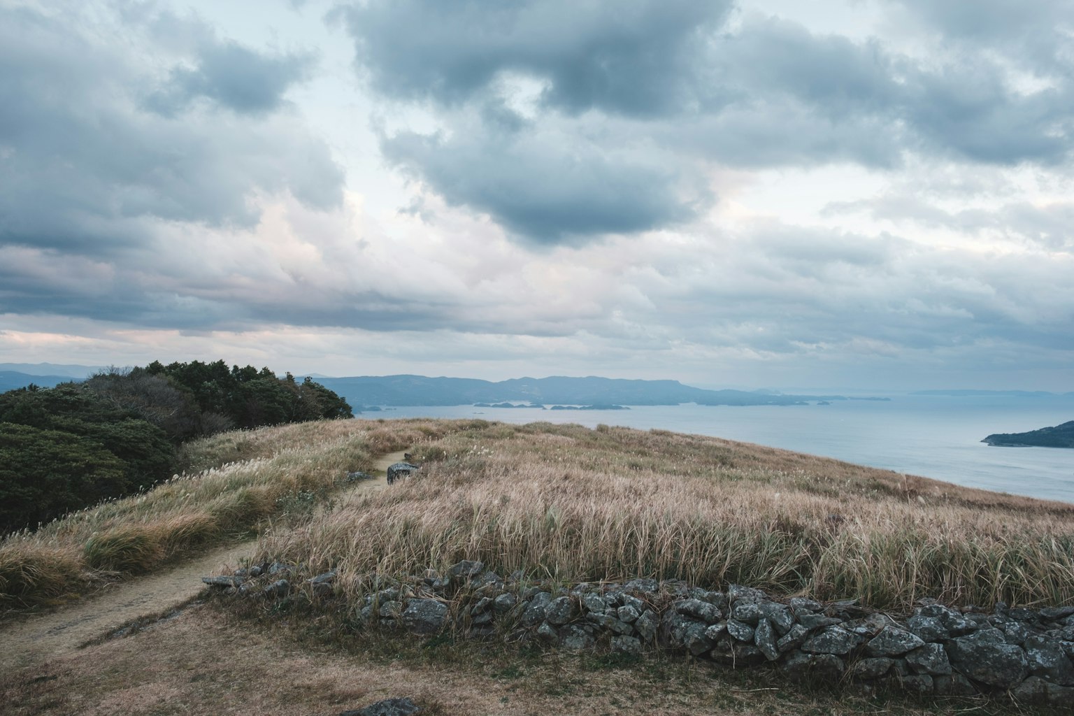 Vue panoramique depuis un sommet avec des prairies et l'océan