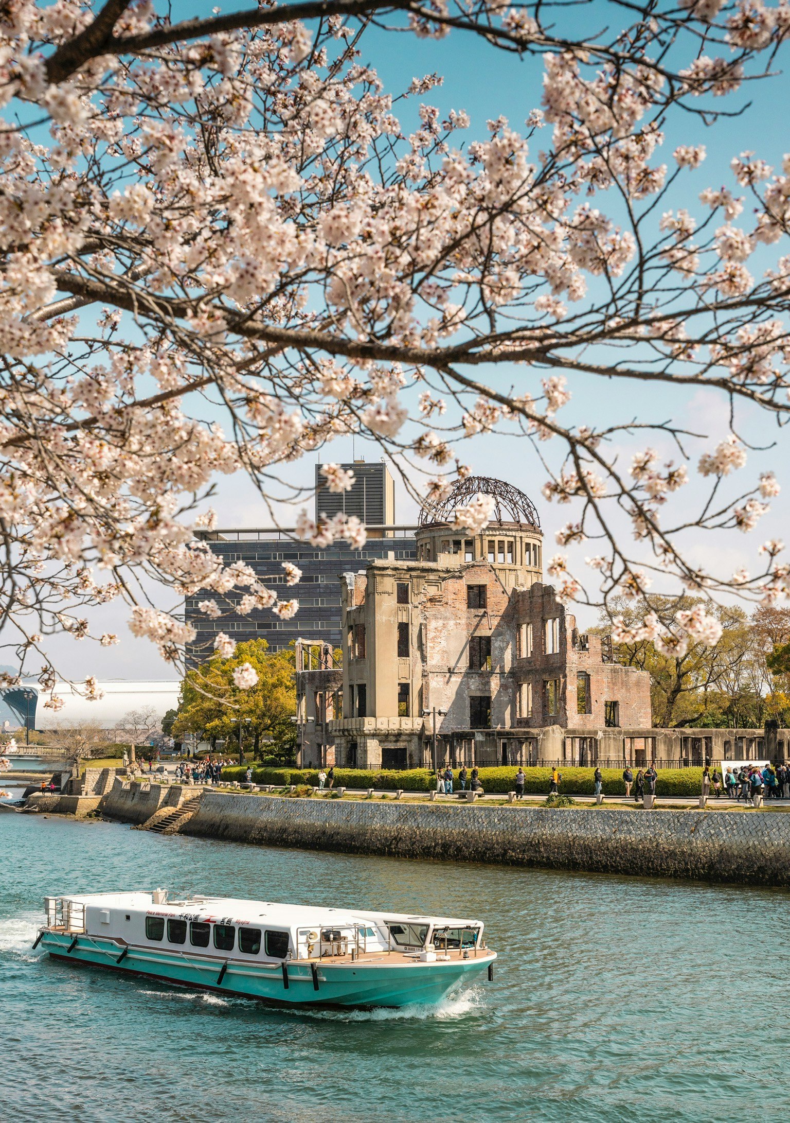 河边的建筑与樱花和一艘船