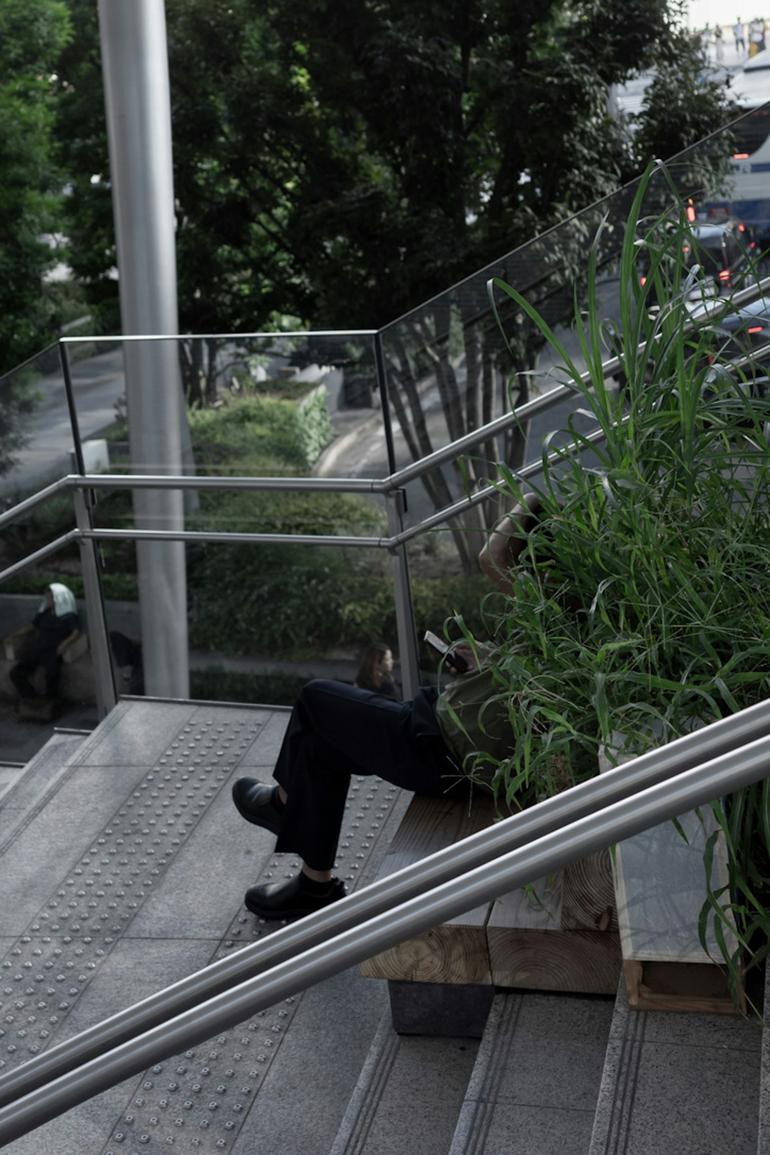 Une personne assise sur des escaliers entourée de verdure