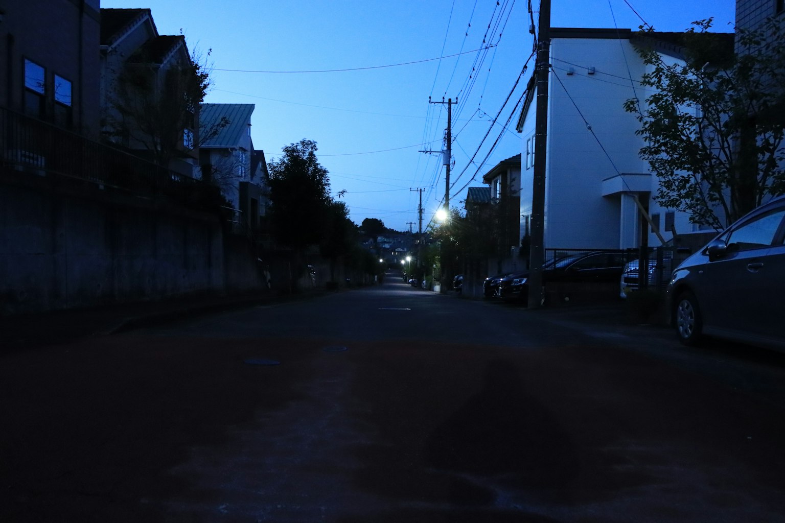부드러운 가로등이 있는 조용한 주택가의 야경