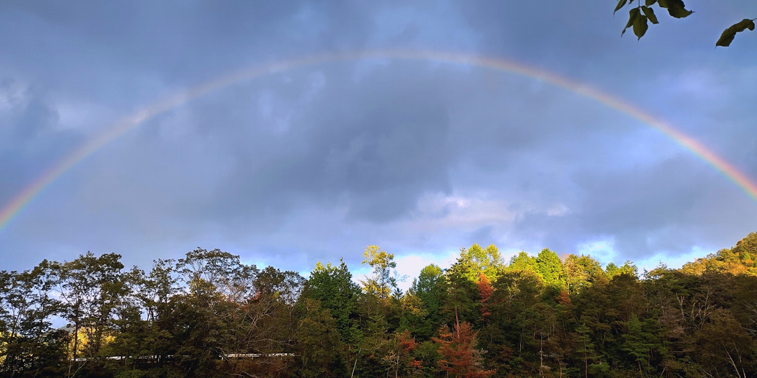 A rainbow arching over a landscape of green trees and a cloudy sky