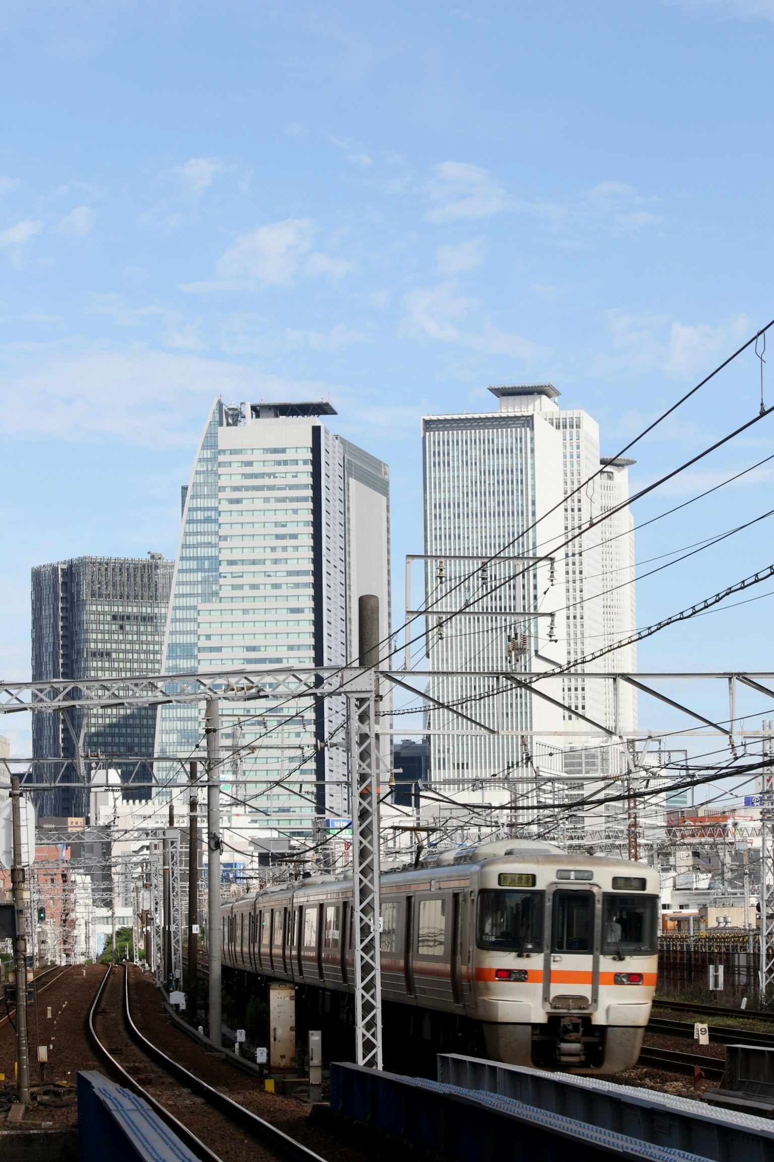 Panorama urbano con grattacieli e un treno