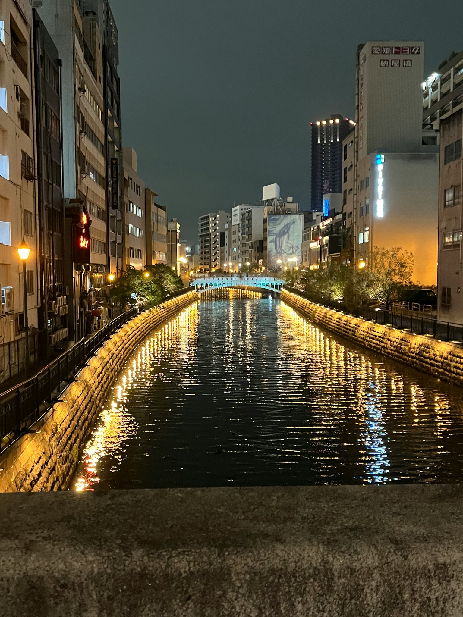 Luci della città che si riflettono su un fiume di notte con edifici sullo sfondo