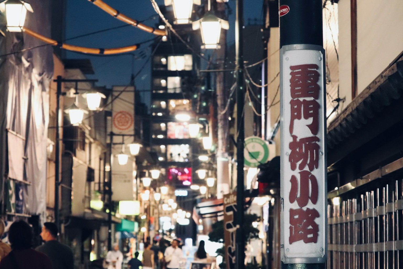 Narrow street illuminated by lanterns with signs at night