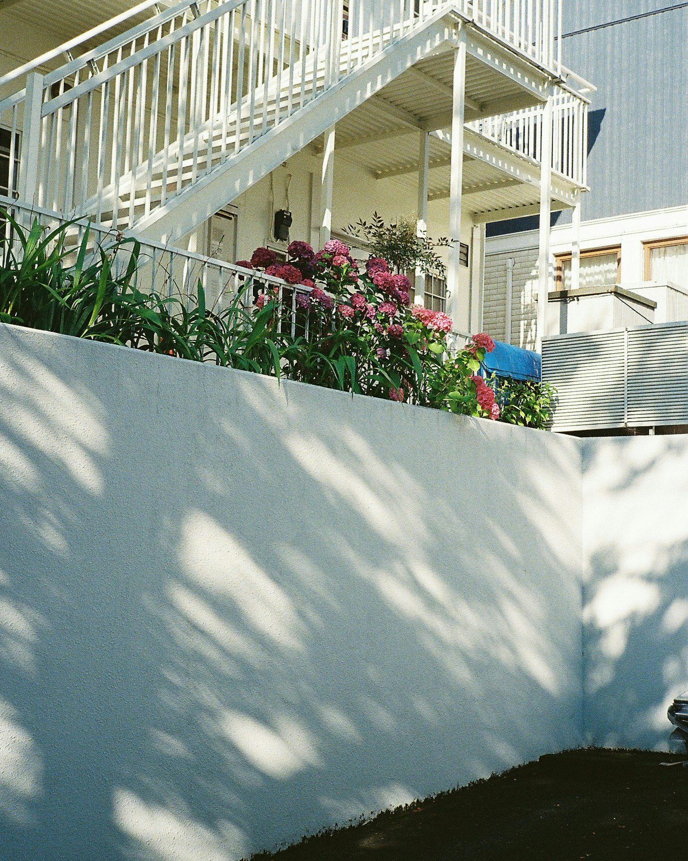 白い柵と花壇のある中庭の住宅外観