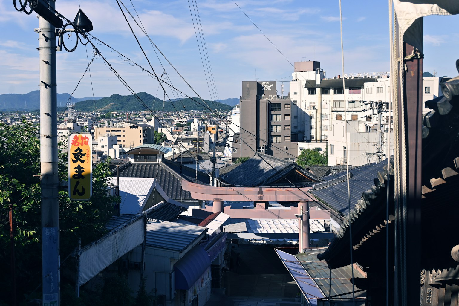 Ein malerischer Blick auf Dächer und Berge in einer japanischen Stadt