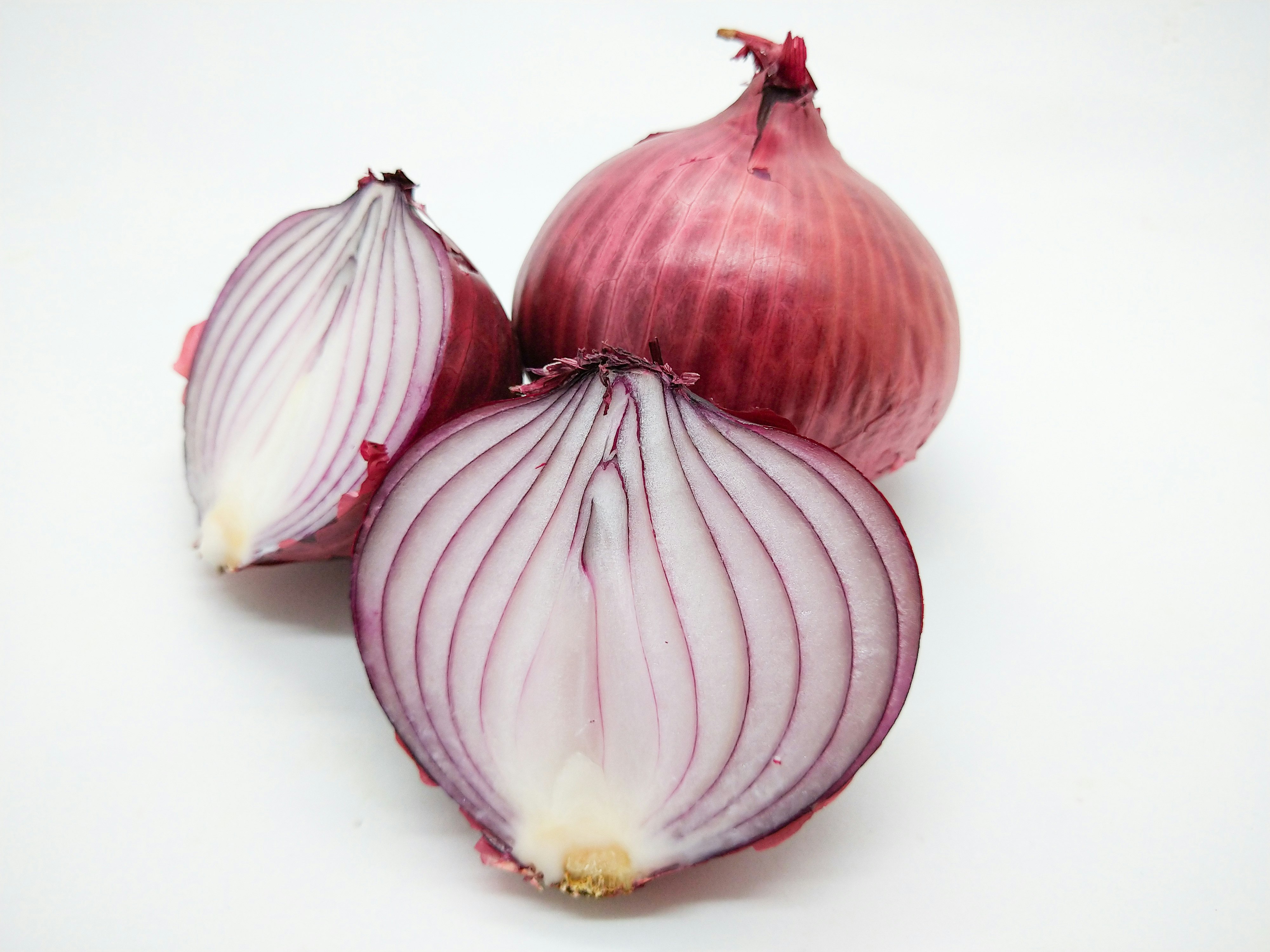 Oignons rouges entiers et tranches sur fond blanc