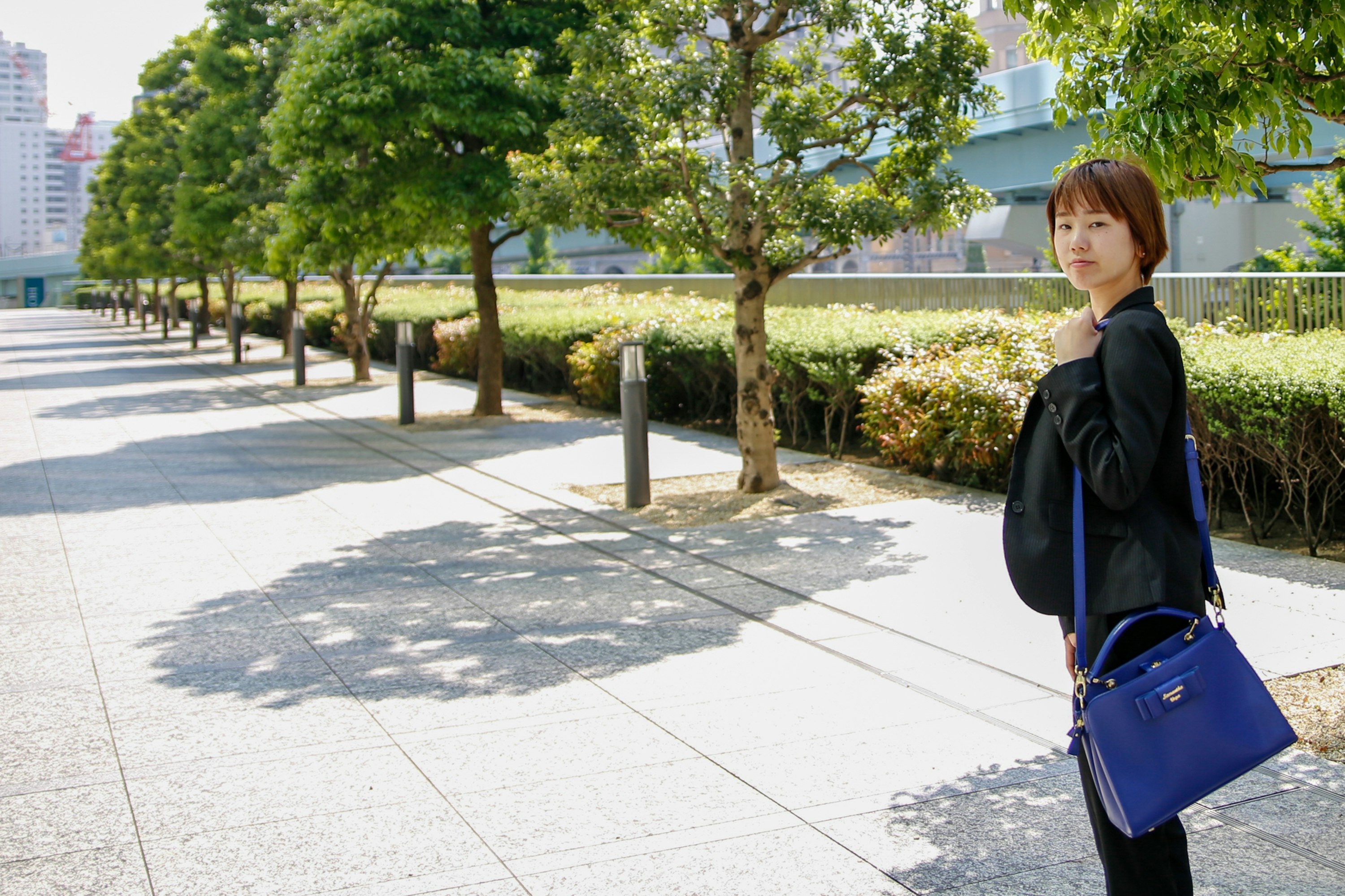 沿着林荫道行走的女学生