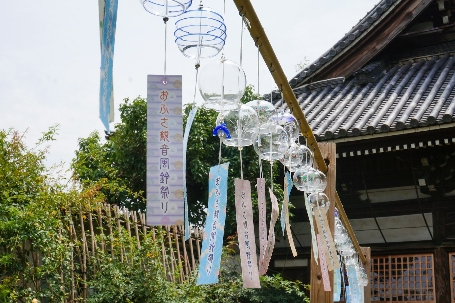 Wind chimes hanging in a Japanese traditional garden