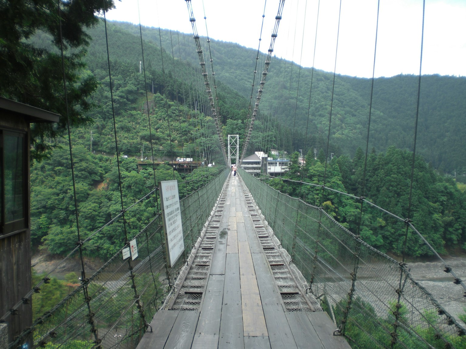 녹색 산 배경의 현수교