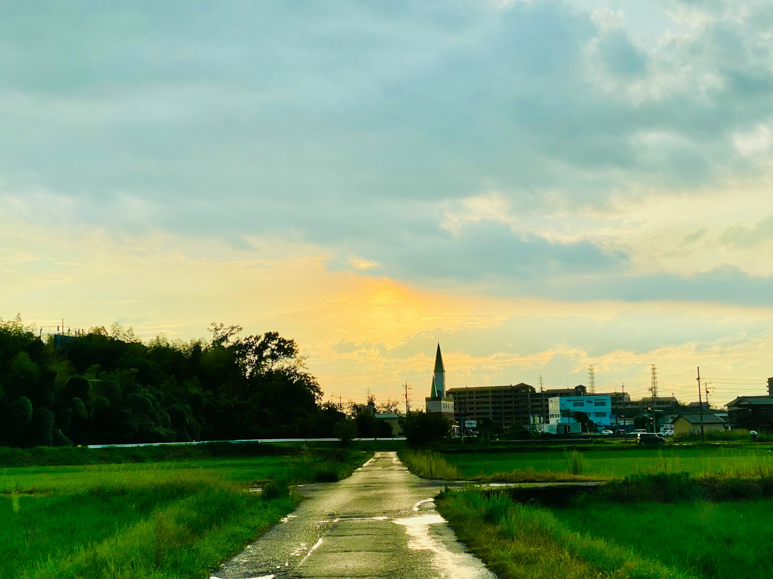 乡村道路，背景是绿色田野和教堂尖塔