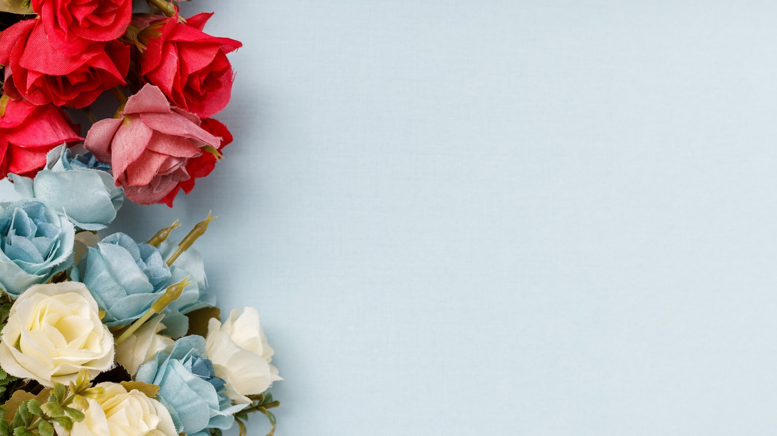 Ein Strauß aus roten und blauen Rosen auf einem hellblauen Hintergrund