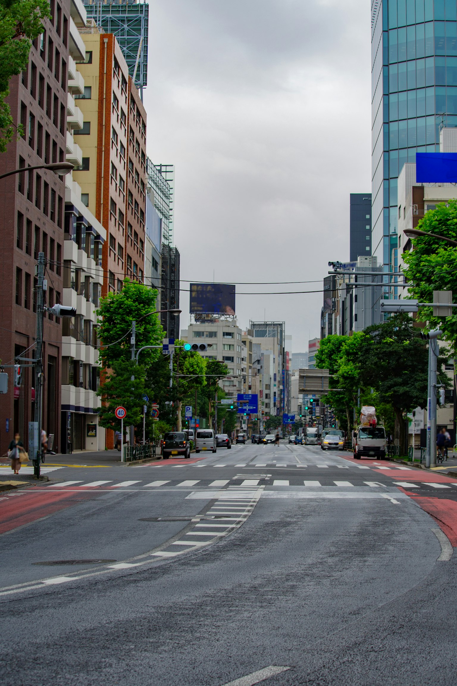 Calle tranquila en Tokio flanqueada por árboles verdes y rascacielos