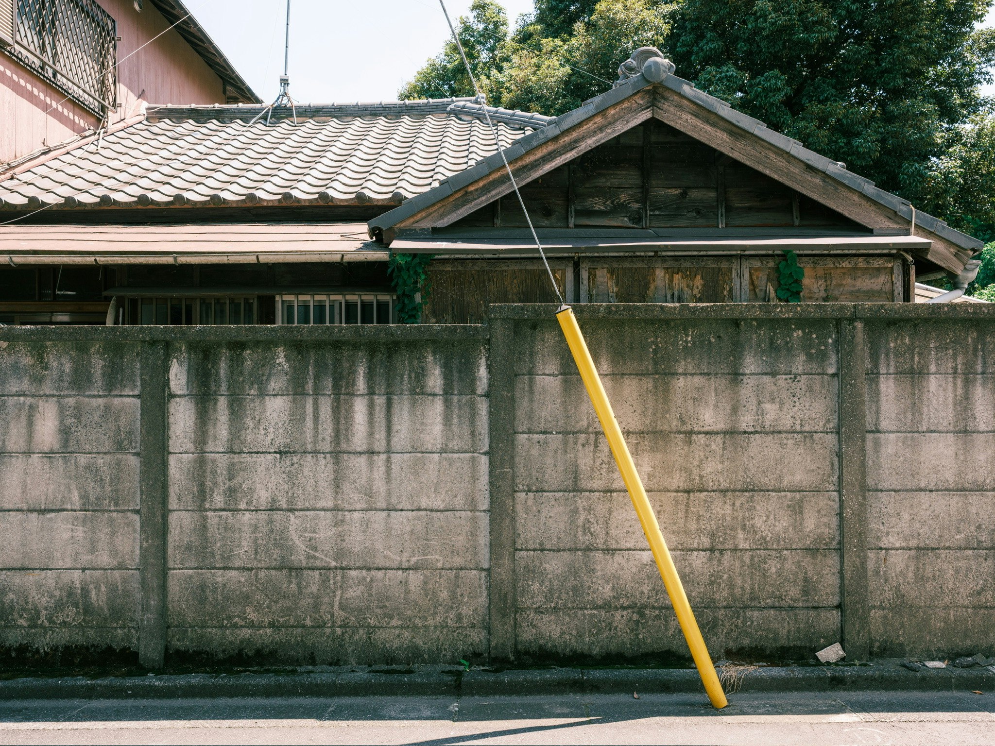 塀の前に置かれた黄色い棒と小屋のある庭