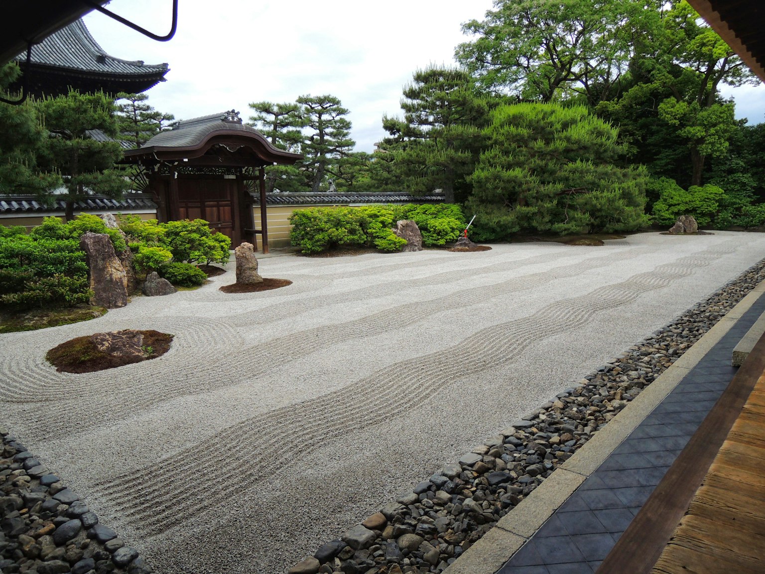 Serene Japanese garden view with gravel paths and lush greenery