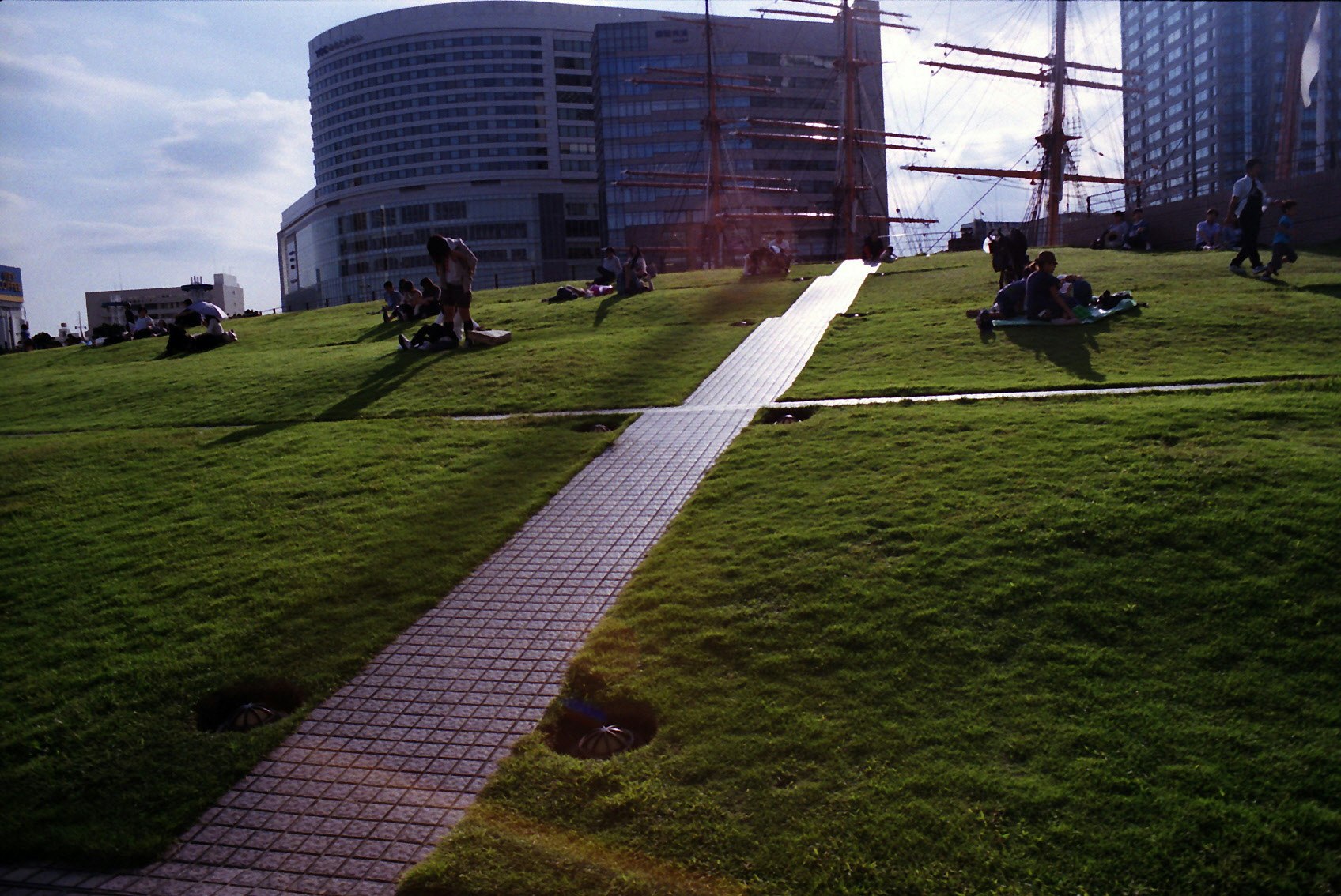 横浜の芝生と遊歩道のある広場の風景