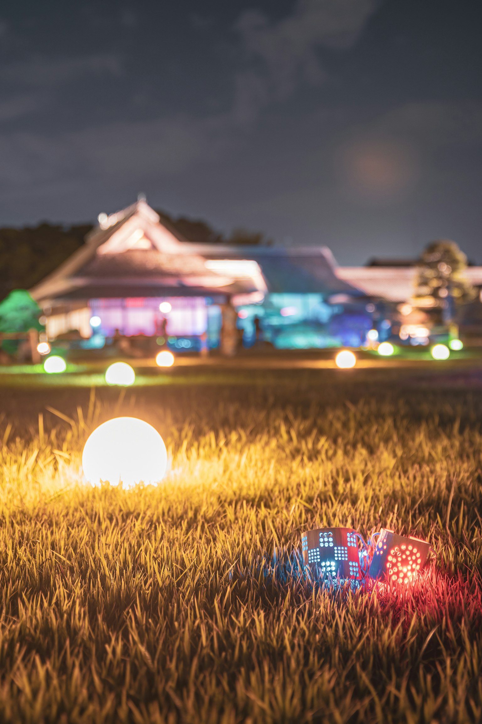 Sfere luminose colorate in un giardino di notte con un edificio sullo sfondo