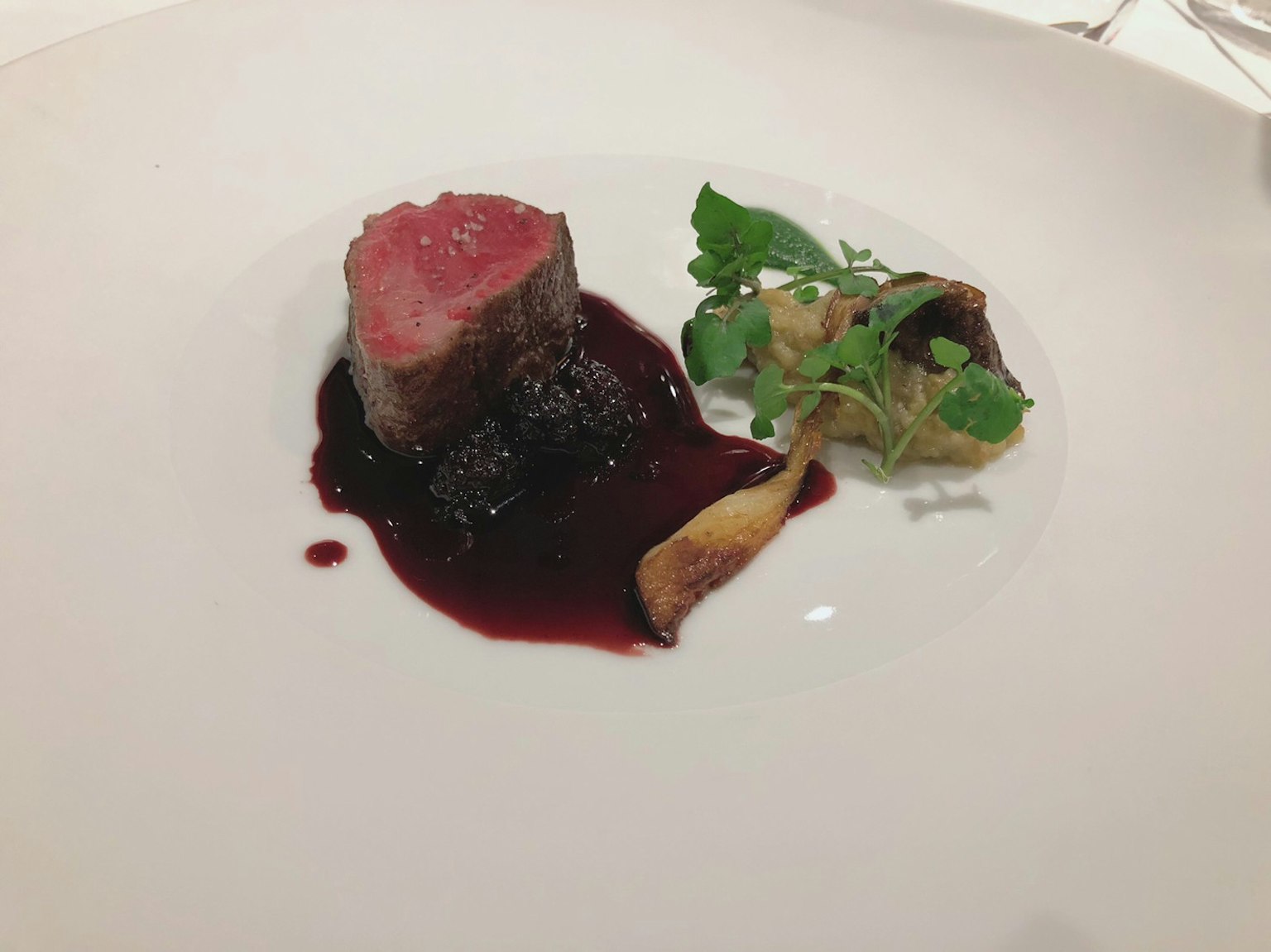 Plato con rebanada de carne roja y salsa de bayas decorado con verduras verdes