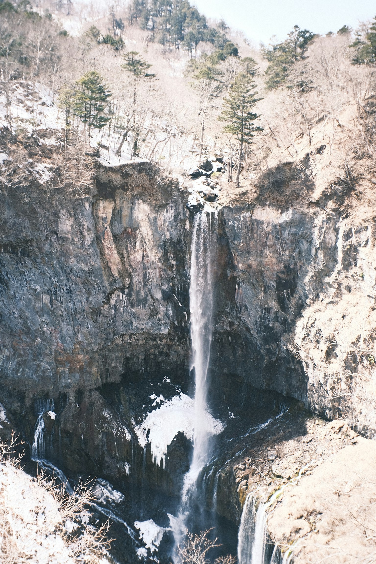 Chute d'eau enneigée entourée d'arbres